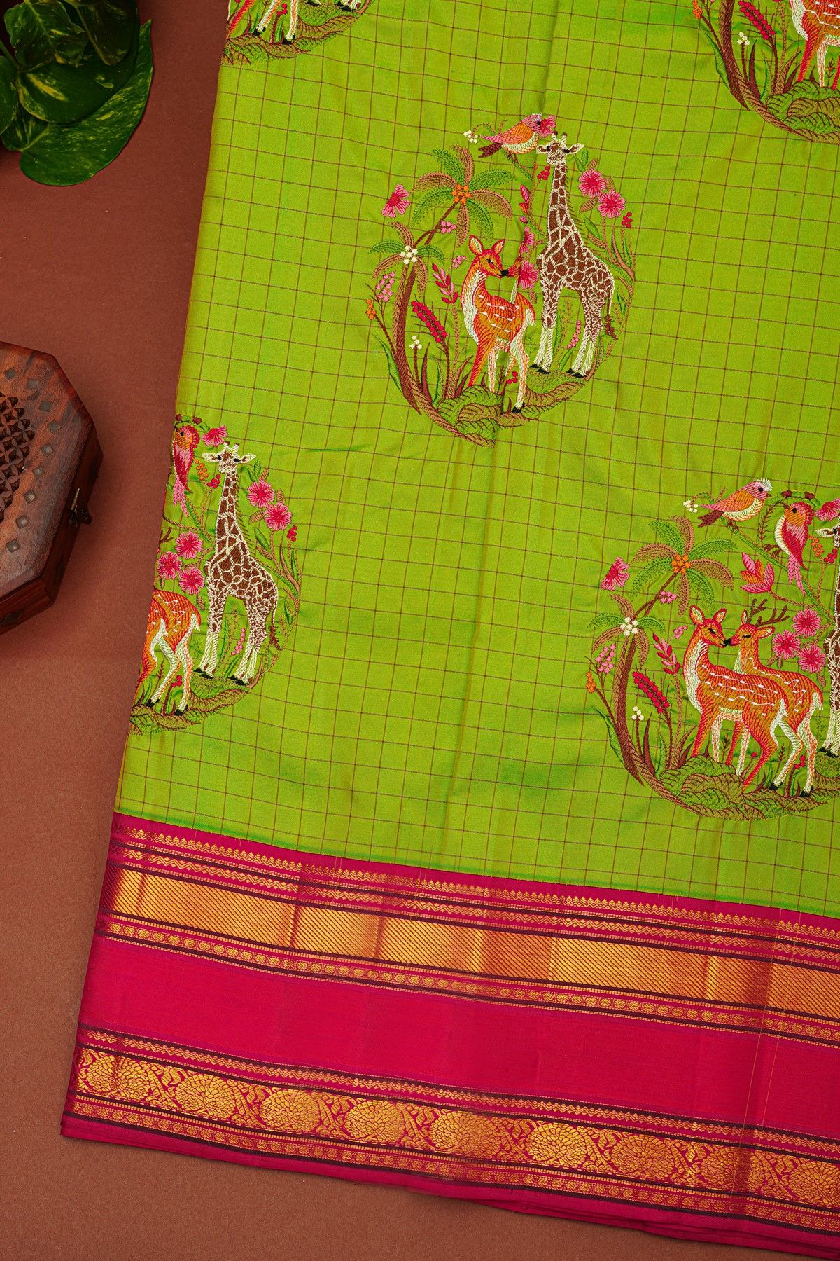 Kancheepuram Silk Lime Green Saree With Thread Embroidery Work And Gap Border