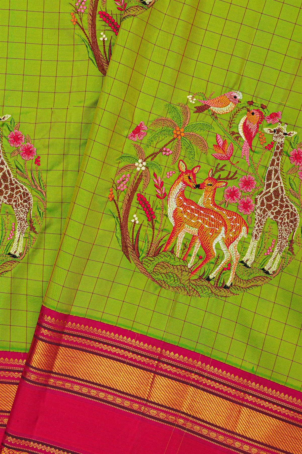 Kancheepuram Silk Lime Green Saree With Thread Embroidery Work And Gap Border