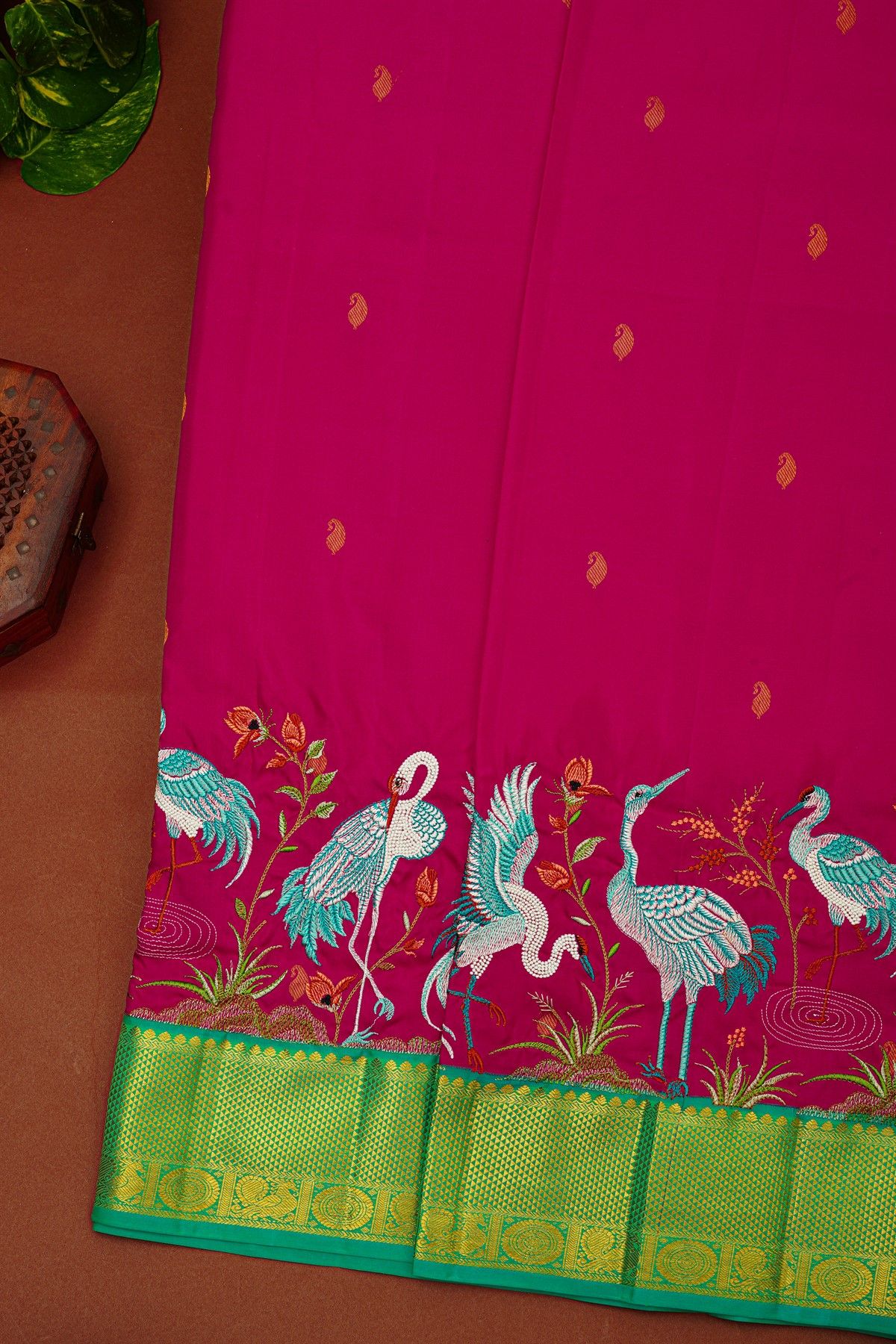 Kancheepuram Silk Rani Pink Saree With Thread Embroidery Work