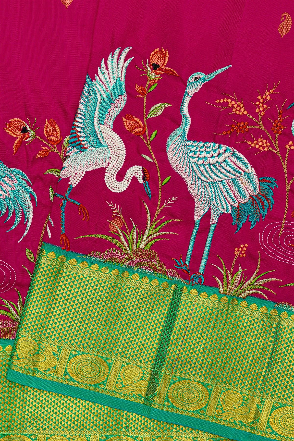 Kancheepuram Silk Rani Pink Saree With Thread Embroidery Work