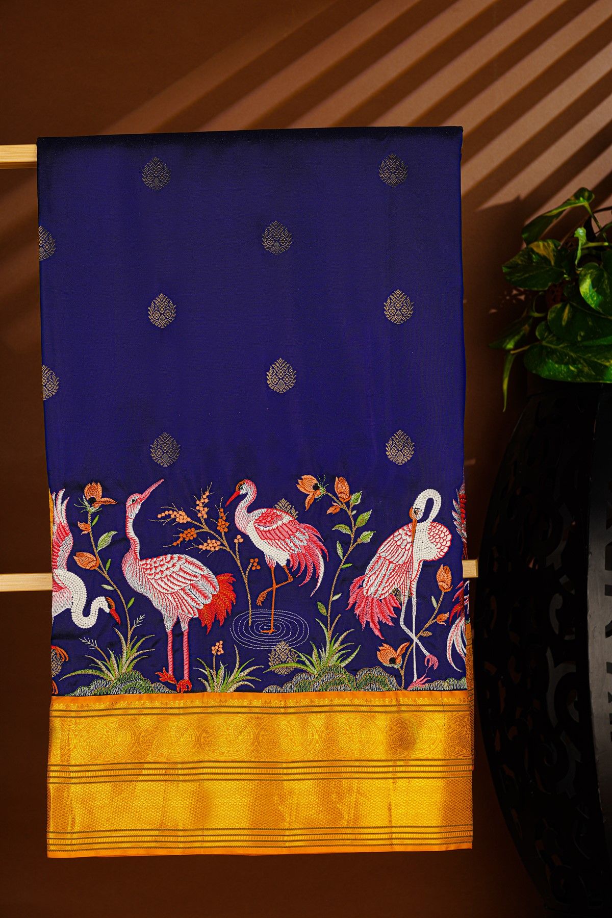 Kancheepuram Silk Navy Blue Saree With Thread Work Embroidered Crane Motif And Golden Zari Border