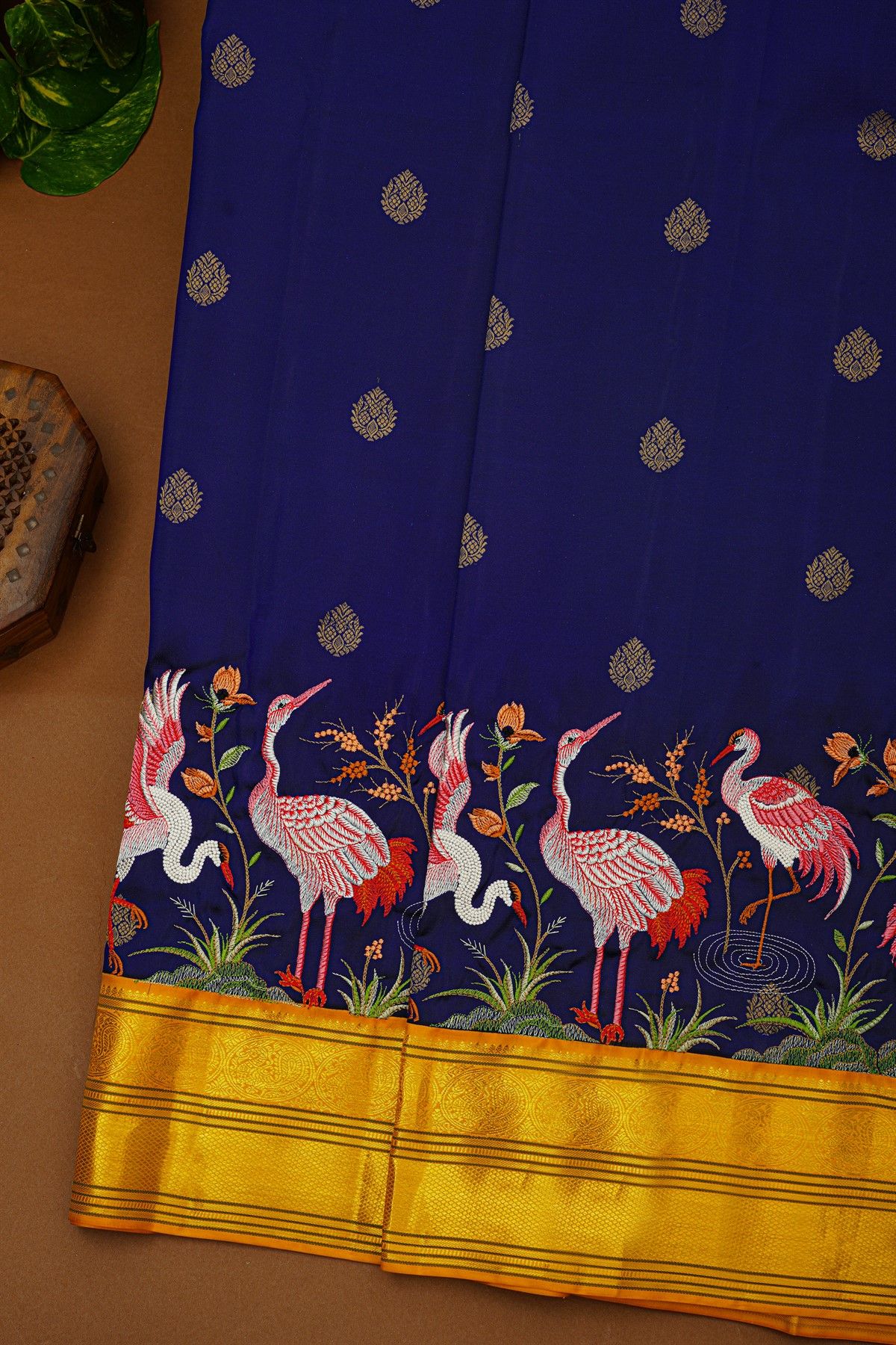 Kancheepuram Silk Navy Blue Saree With Thread Work Embroidered Crane Motif And Golden Zari Border