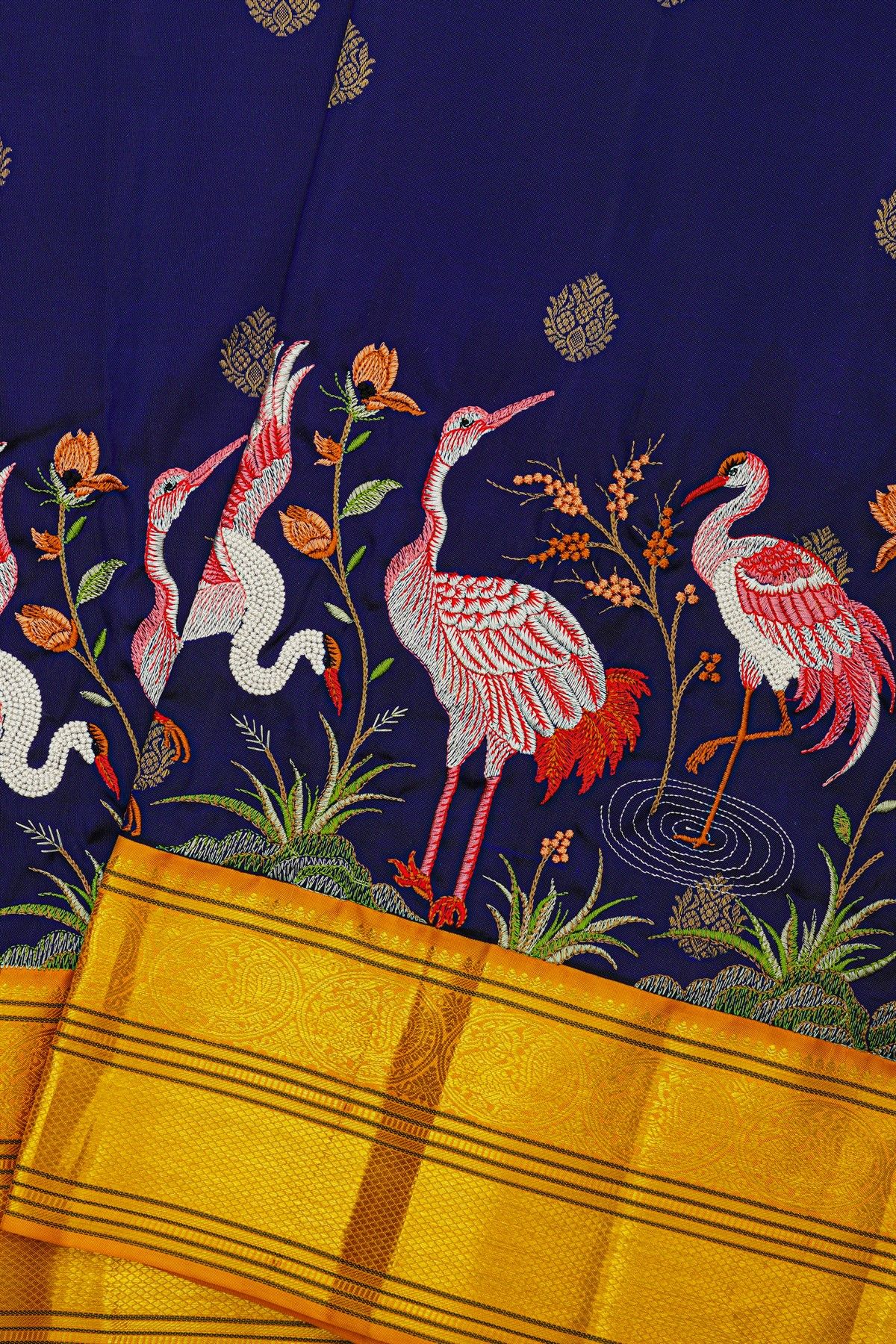 Kancheepuram Silk Navy Blue Saree With Thread Work Embroidered Crane Motif And Golden Zari Border