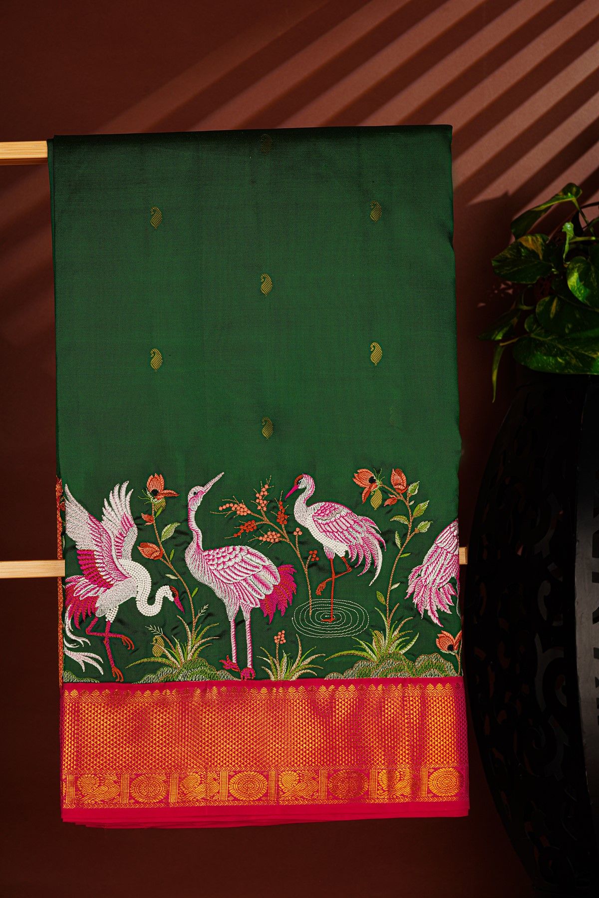 Kancheepuram Silk Bottle Green Saree With Thread Embroidery Work Body