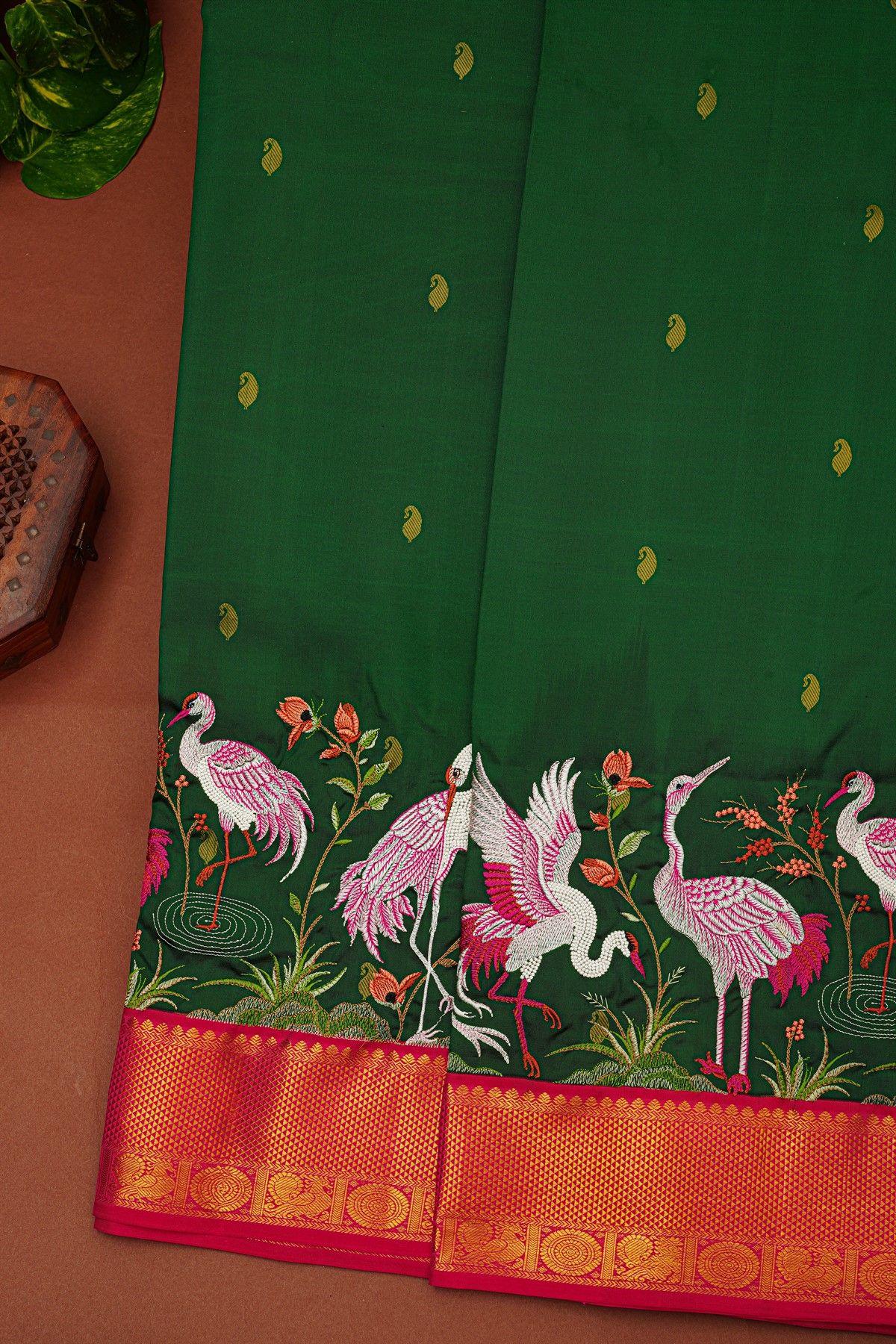 Kancheepuram Silk Bottle Green Saree With Thread Embroidery Work Body