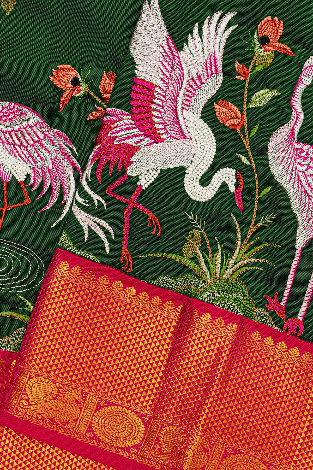 Kancheepuram Silk Bottle Green Saree With Thread Embroidery Work Body
