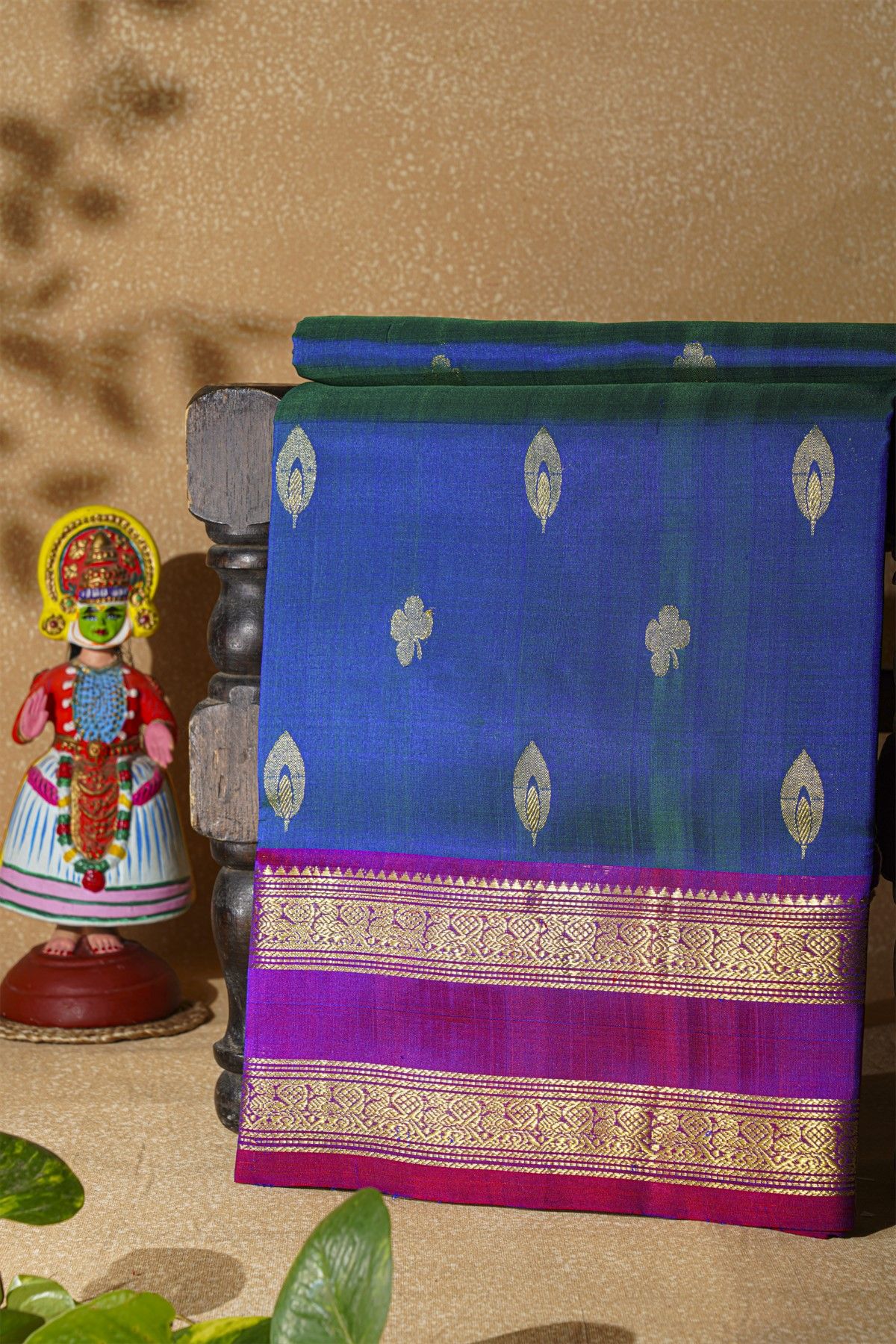 Venkatagiri Silk Peacock Blue Saree With Floral Buttis Body