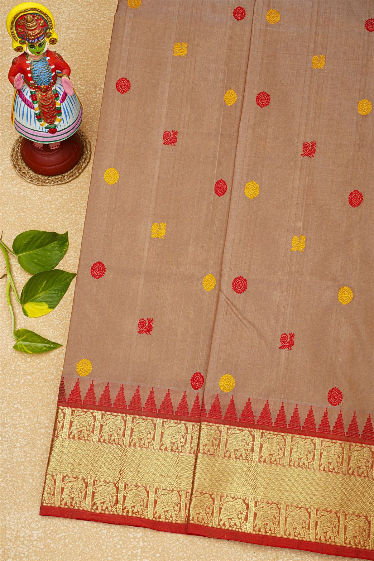 Venkatagiri Silk Cream Saree With Florals And Peacocks Body