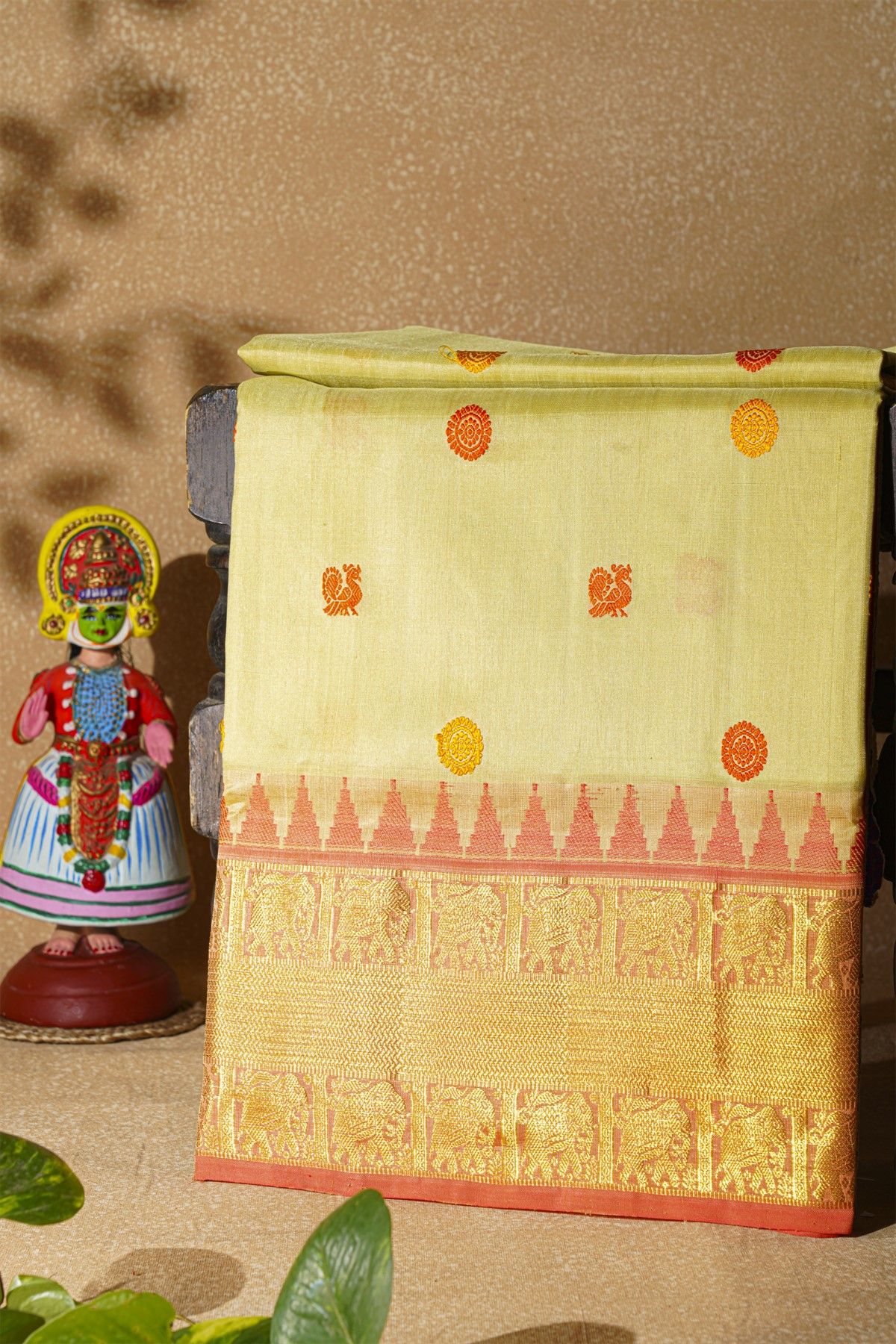 Venkatagiri Silk Light Yellow Saree With Florals And Elephants Border
