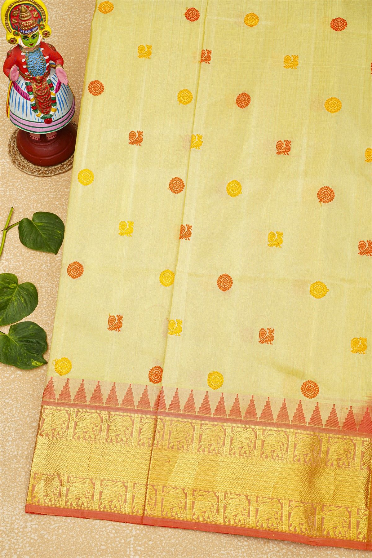 Venkatagiri Silk Light Yellow Saree With Florals And Elephants Border