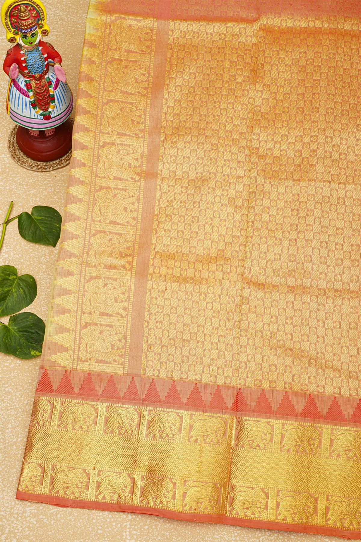 Venkatagiri Silk Light Yellow Saree With Florals And Elephants Border