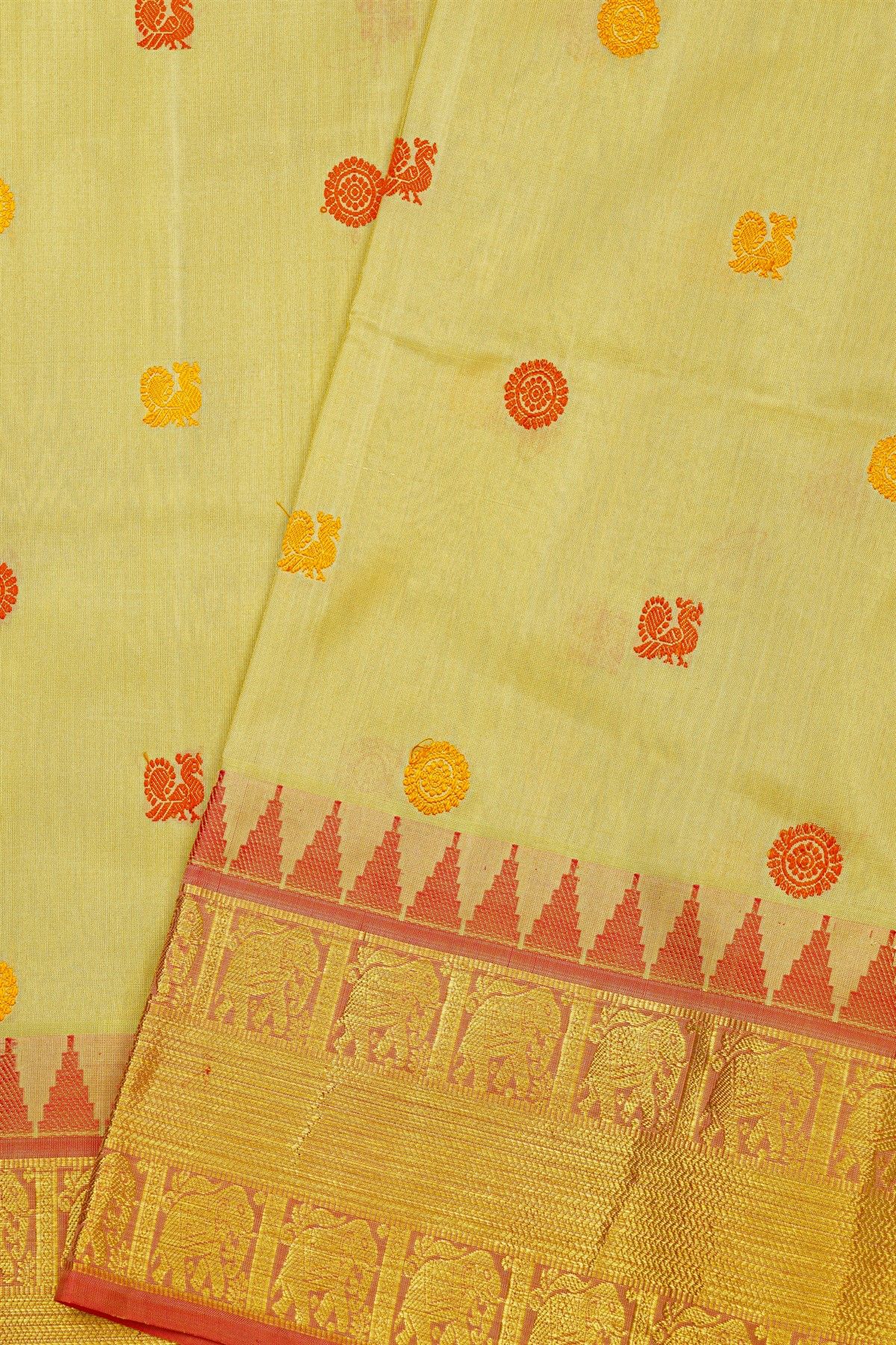 Venkatagiri Silk Light Yellow Saree With Florals And Elephants Border