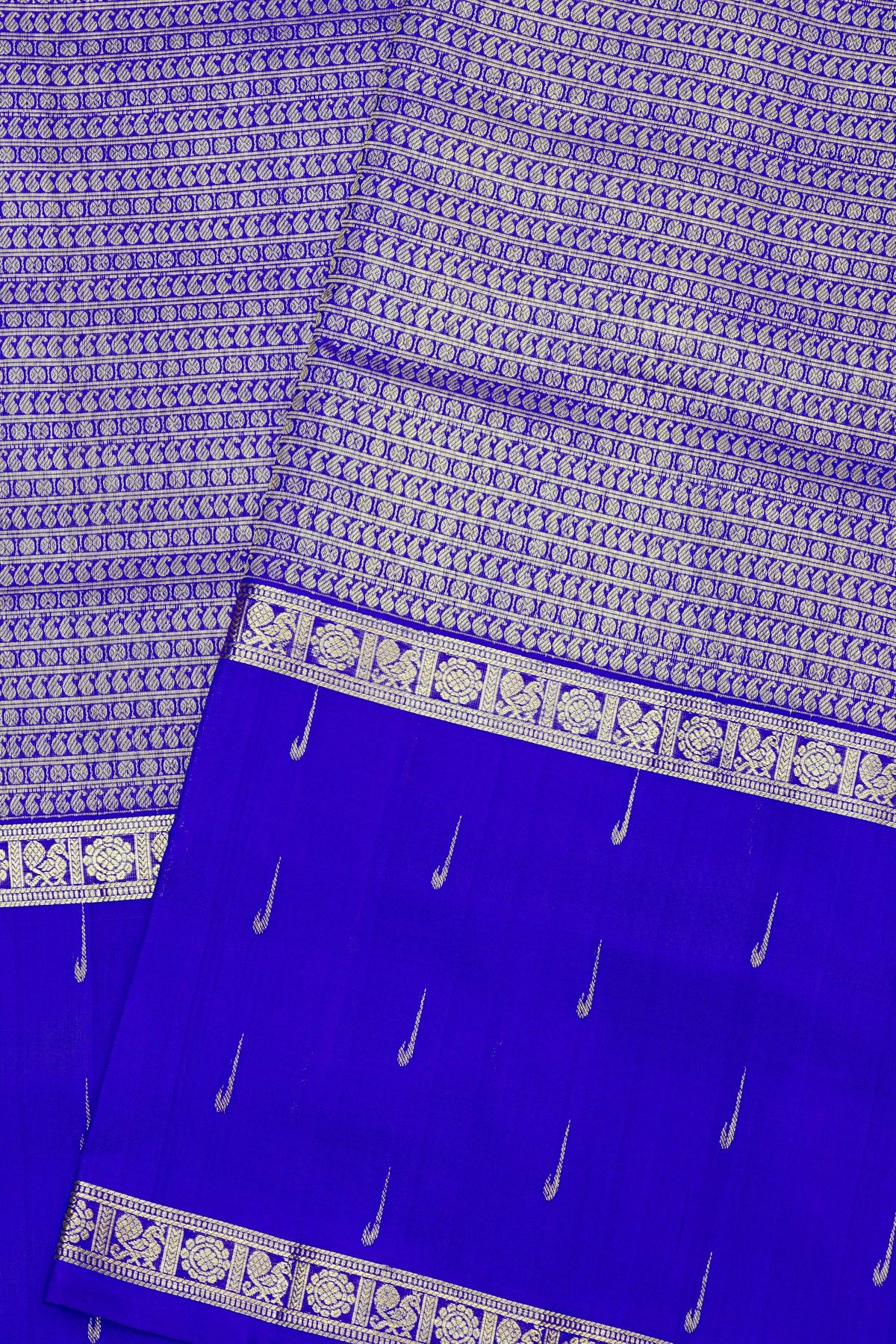 Venkatagiri Silk Royal Blue Saree With Dollar And Paisleys In Lines Body