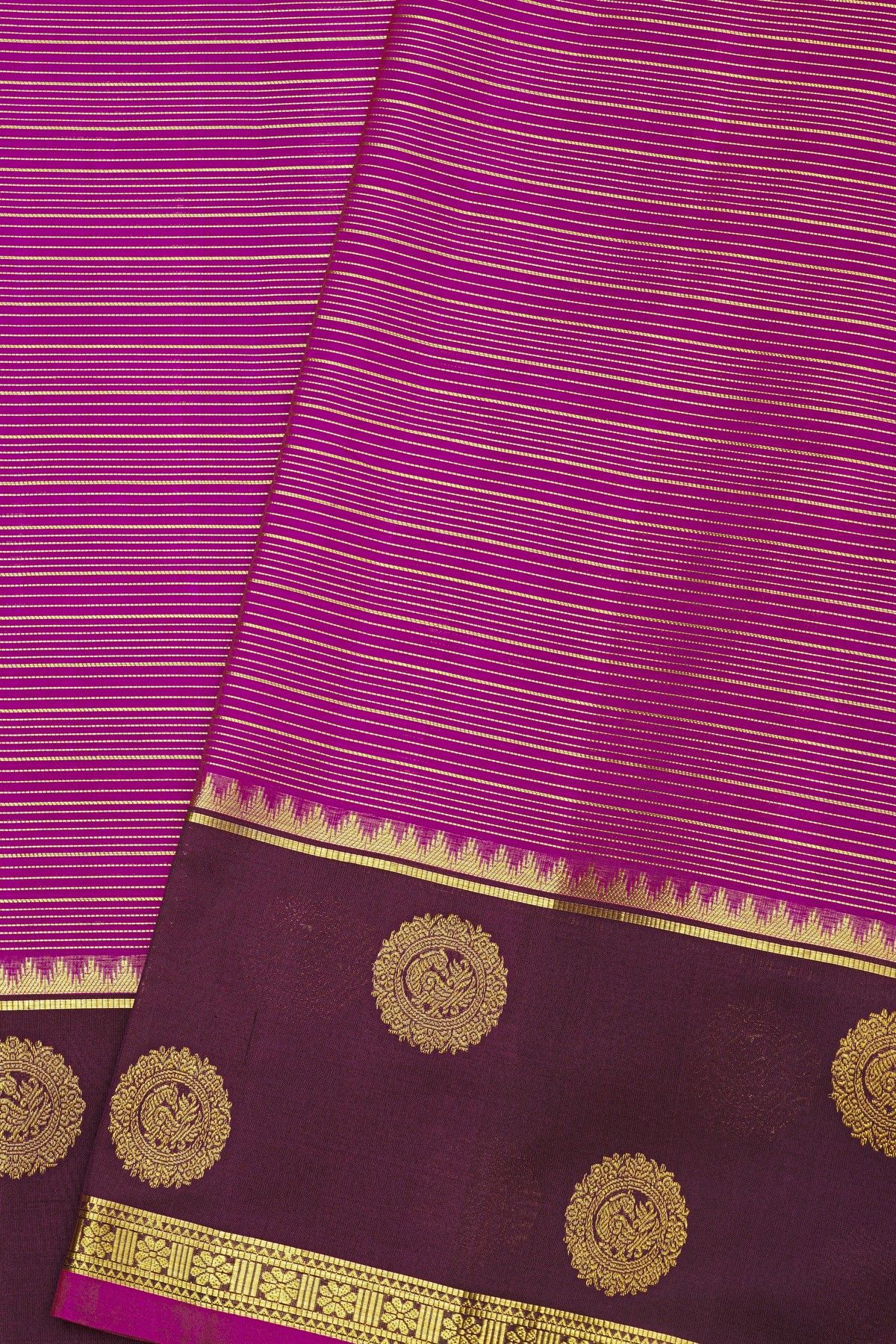 Venkatagiri Silk Magenta Saree With Florals And Peacocks Border