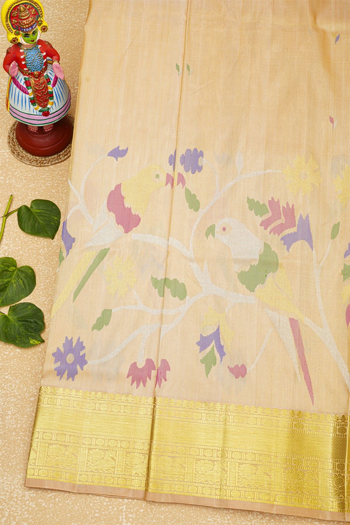 Venkatagiri Silk Beige Saree With Floral And Parrot Body
