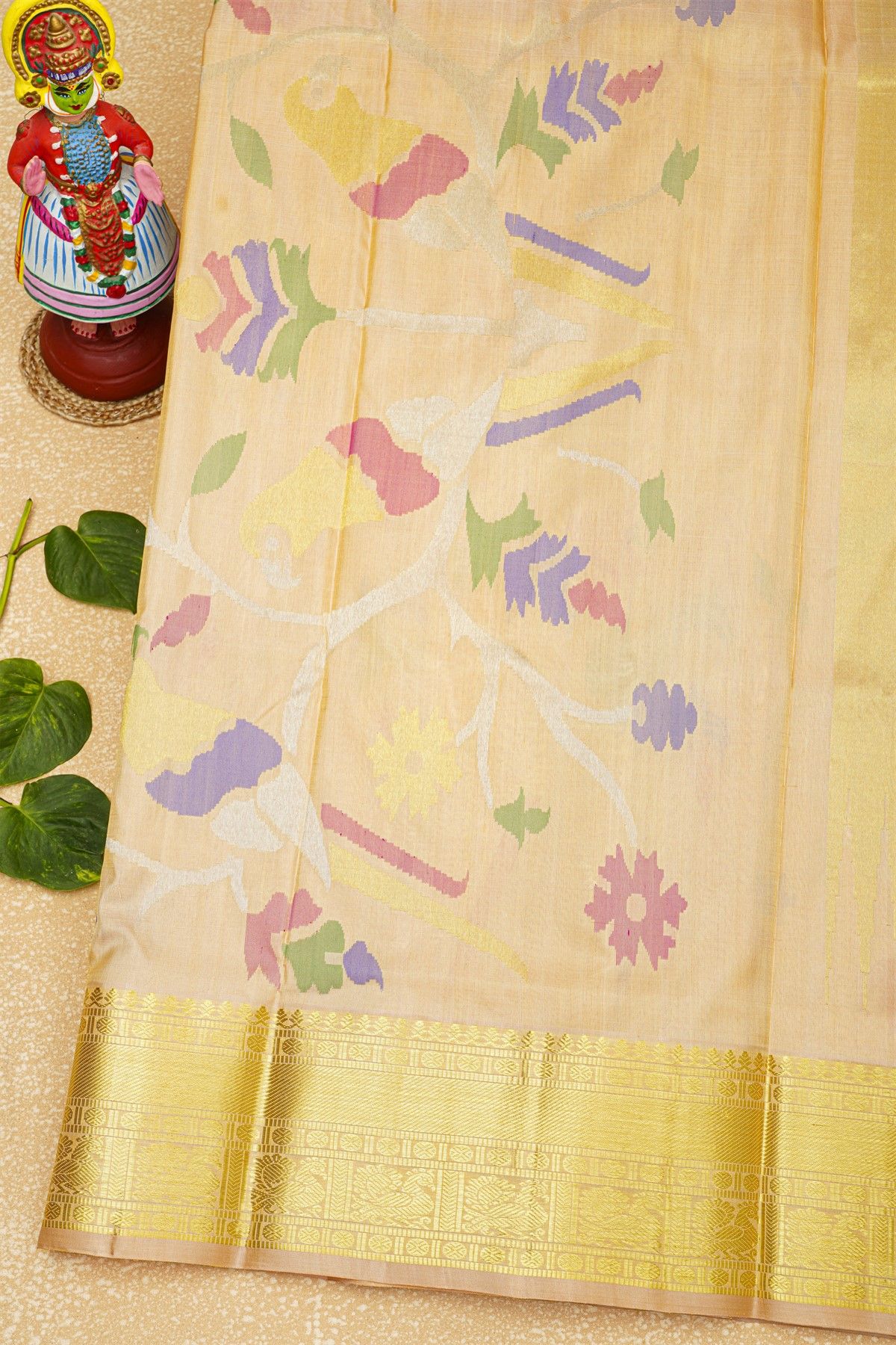 Venkatagiri Silk Beige Saree With Floral And Parrot Body