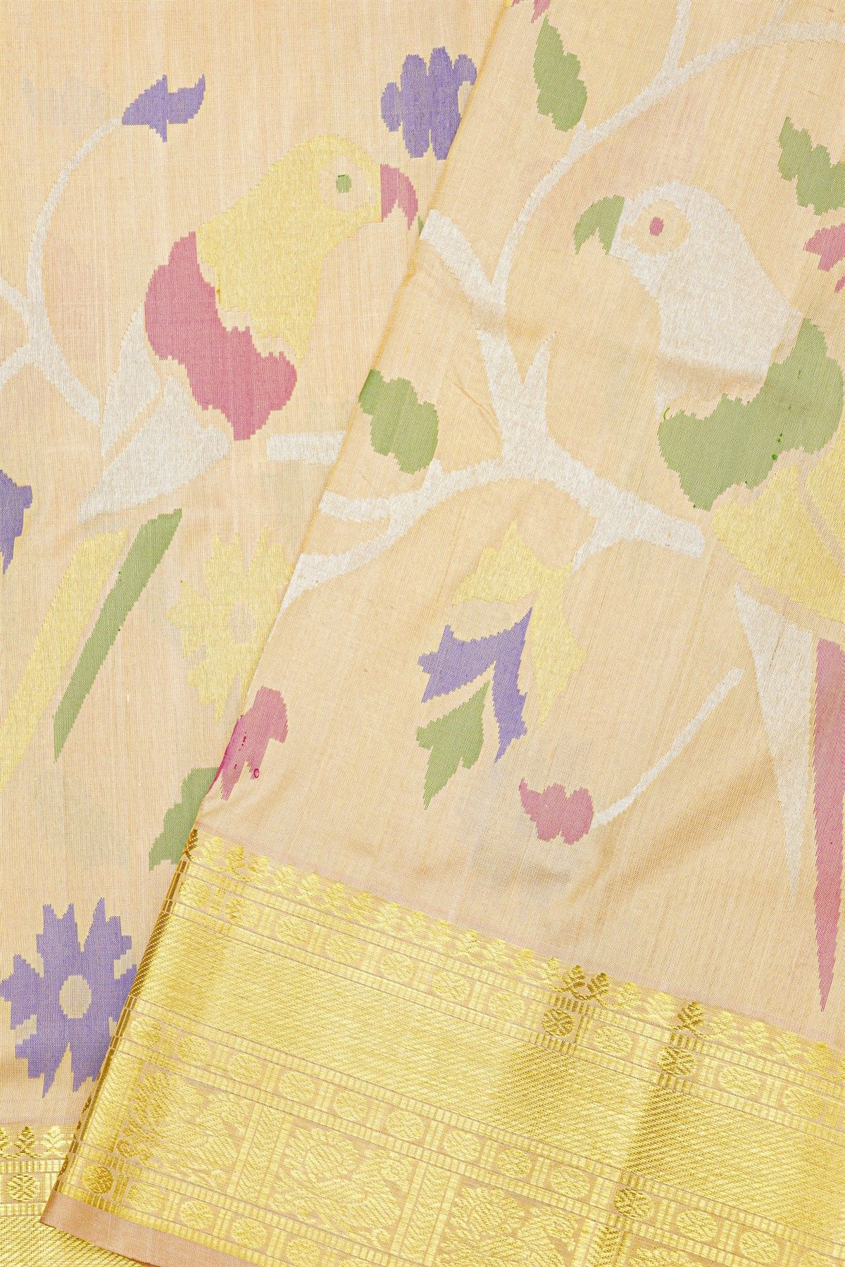 Venkatagiri Silk Beige Saree With Floral And Parrot Body