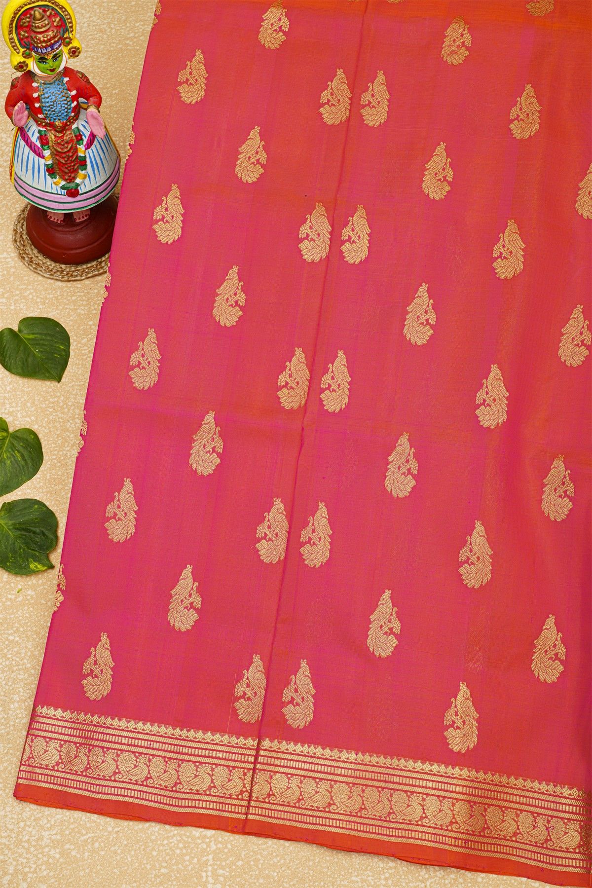 Venkatagiri Silk Pink Saree With Florals And Peacocks Body