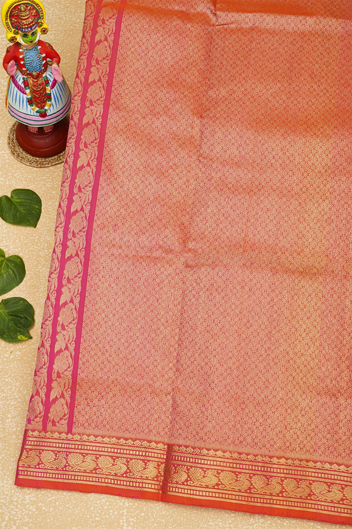 Venkatagiri Silk Pink Saree With Florals And Peacocks Body