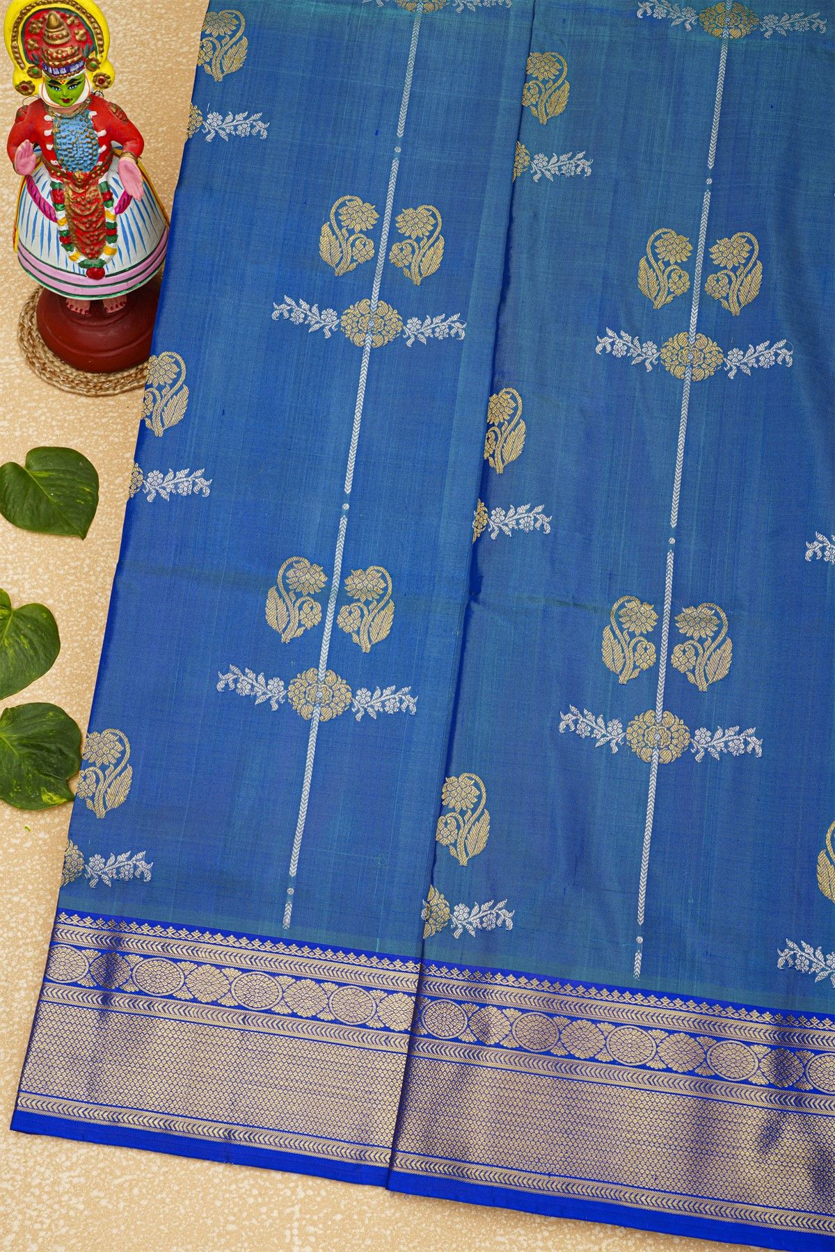 Venkatagiri Silk Sea Blue Saree With Diamonds And Florals Border