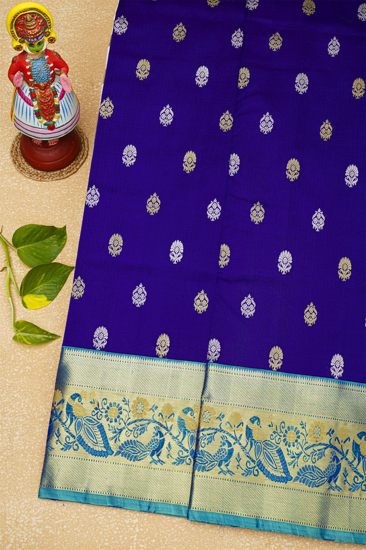 Venkatagiri Silk Royal Blue Saree With Florals And Peacocks Border