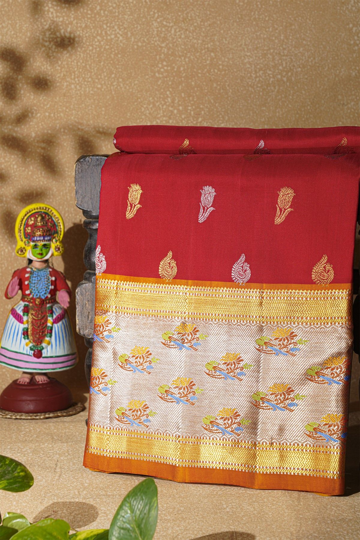 Venkatagiri Silk Red Saree With Florals And Parrots Border