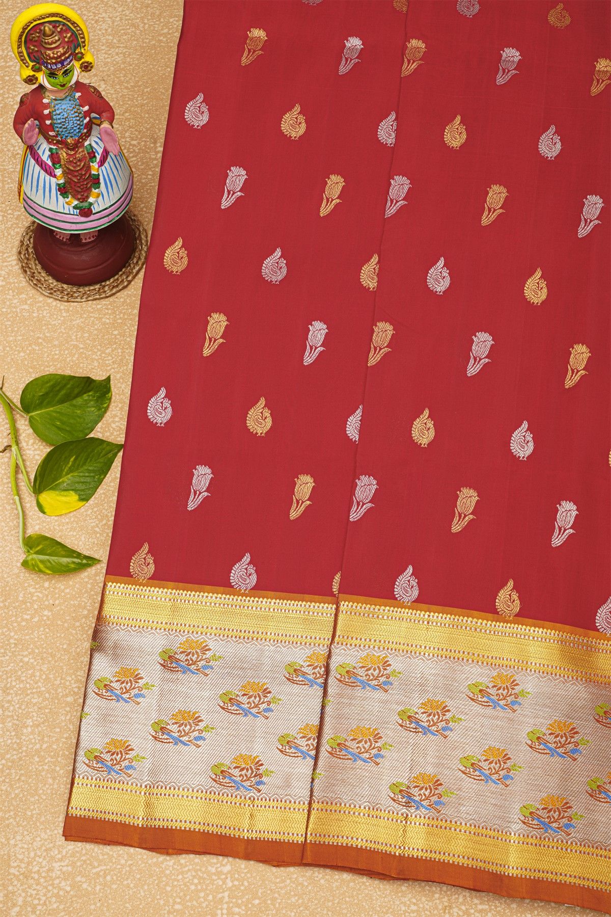 Venkatagiri Silk Red Saree With Florals And Parrots Border