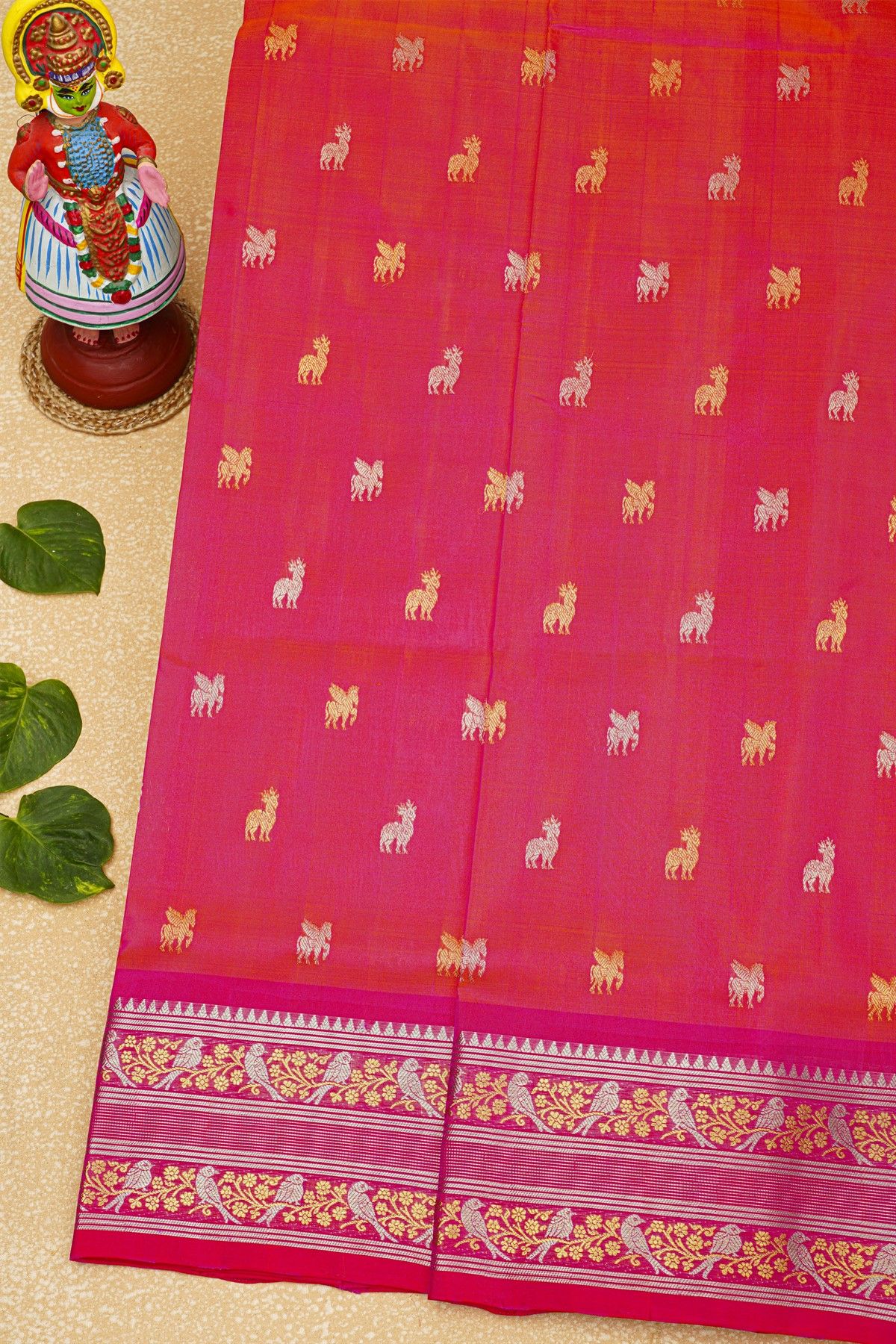 Venkatagiri Silk Pink Saree With Animal Buttis Body