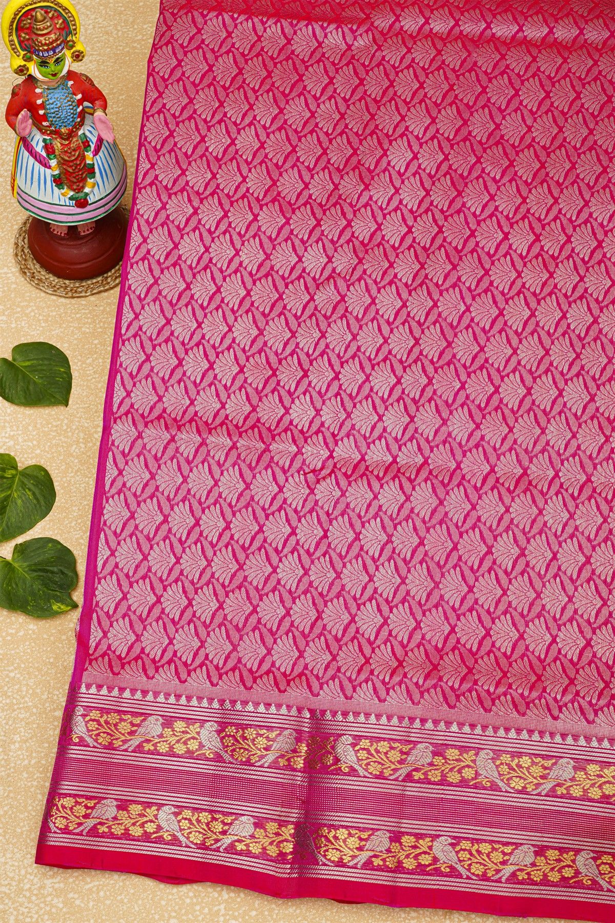 Venkatagiri Silk Pink Saree With Animal Buttis Body