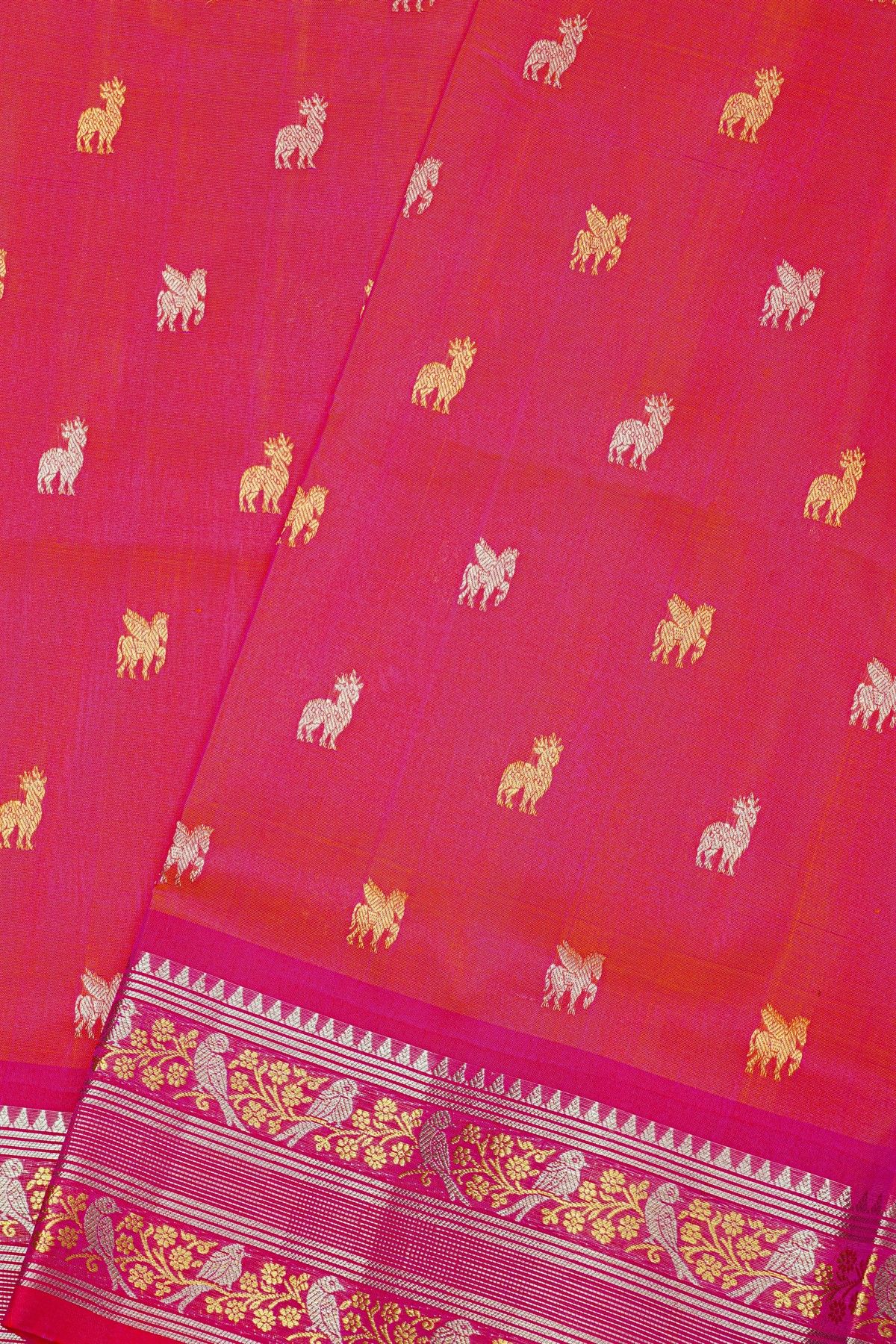 Venkatagiri Silk Pink Saree With Animal Buttis Body