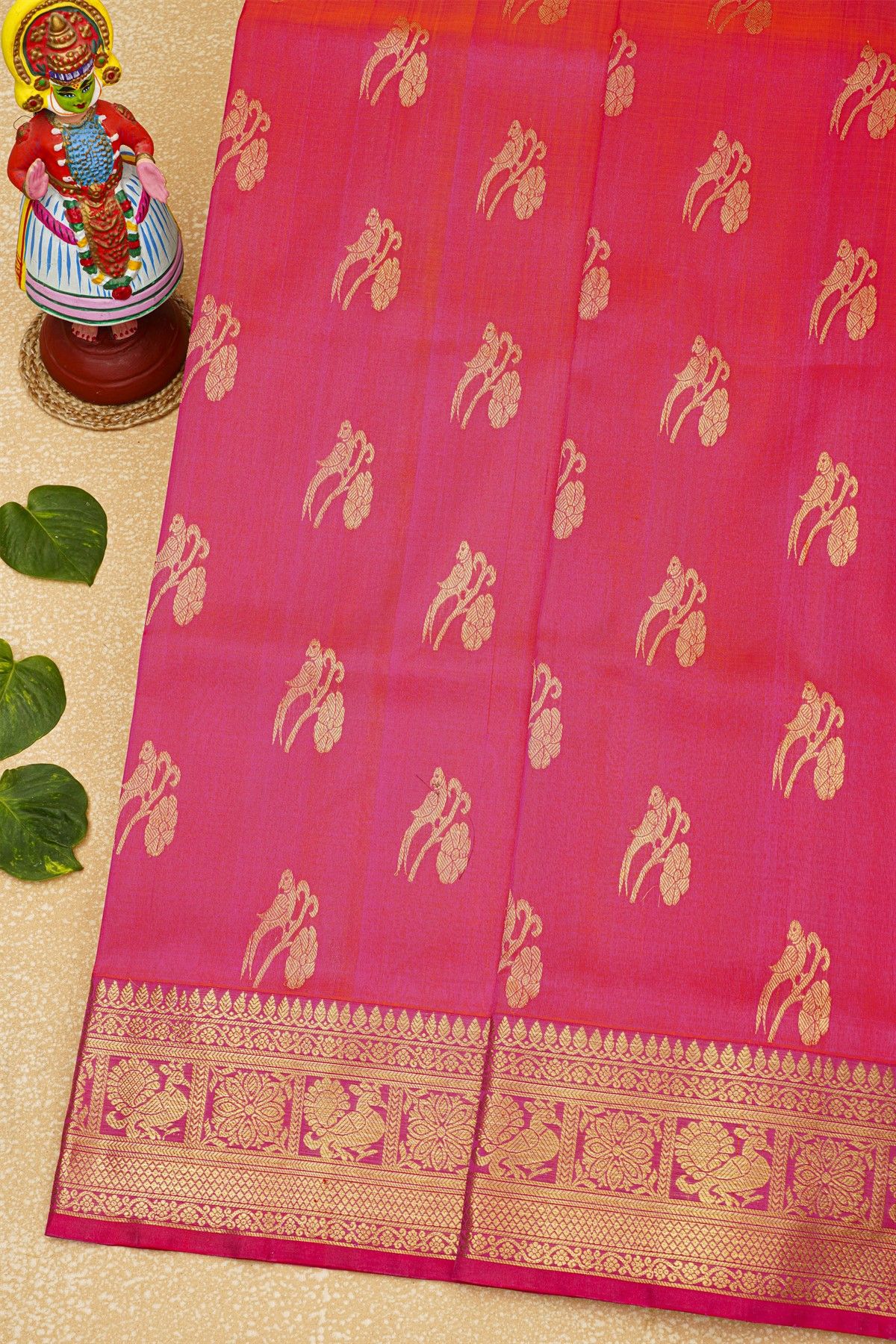 Venkatagiri Silk Pink Saree With Floral And Peacock Border