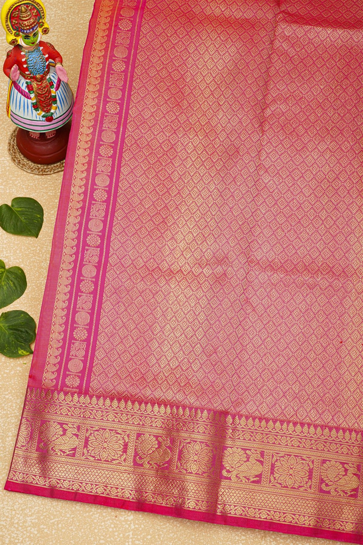 Venkatagiri Silk Pink Saree With Floral And Peacock Border