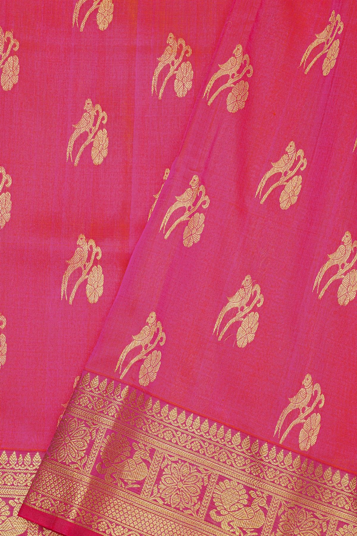 Venkatagiri Silk Pink Saree With Floral And Peacock Border