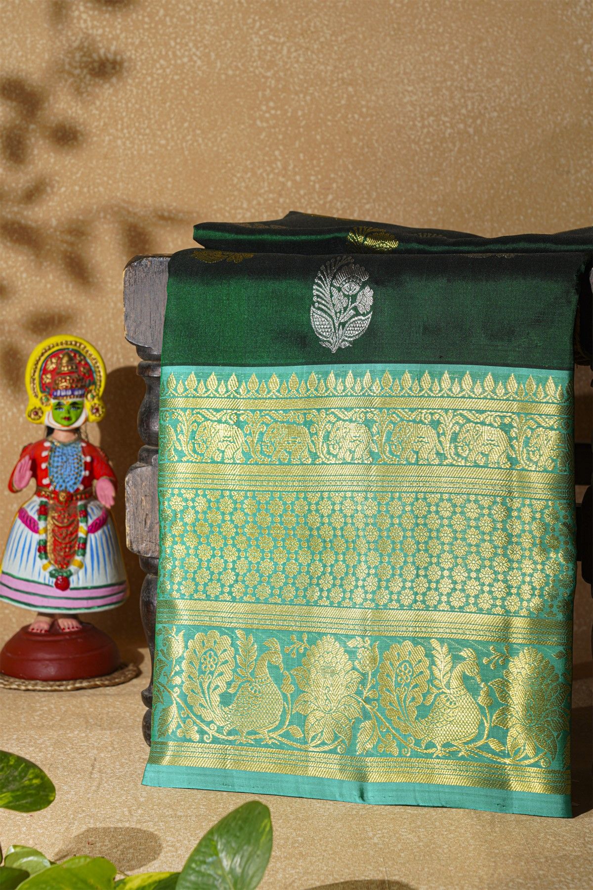 Venkatagiri Silk Bottle Green Saree With Florals And Paisleys Body