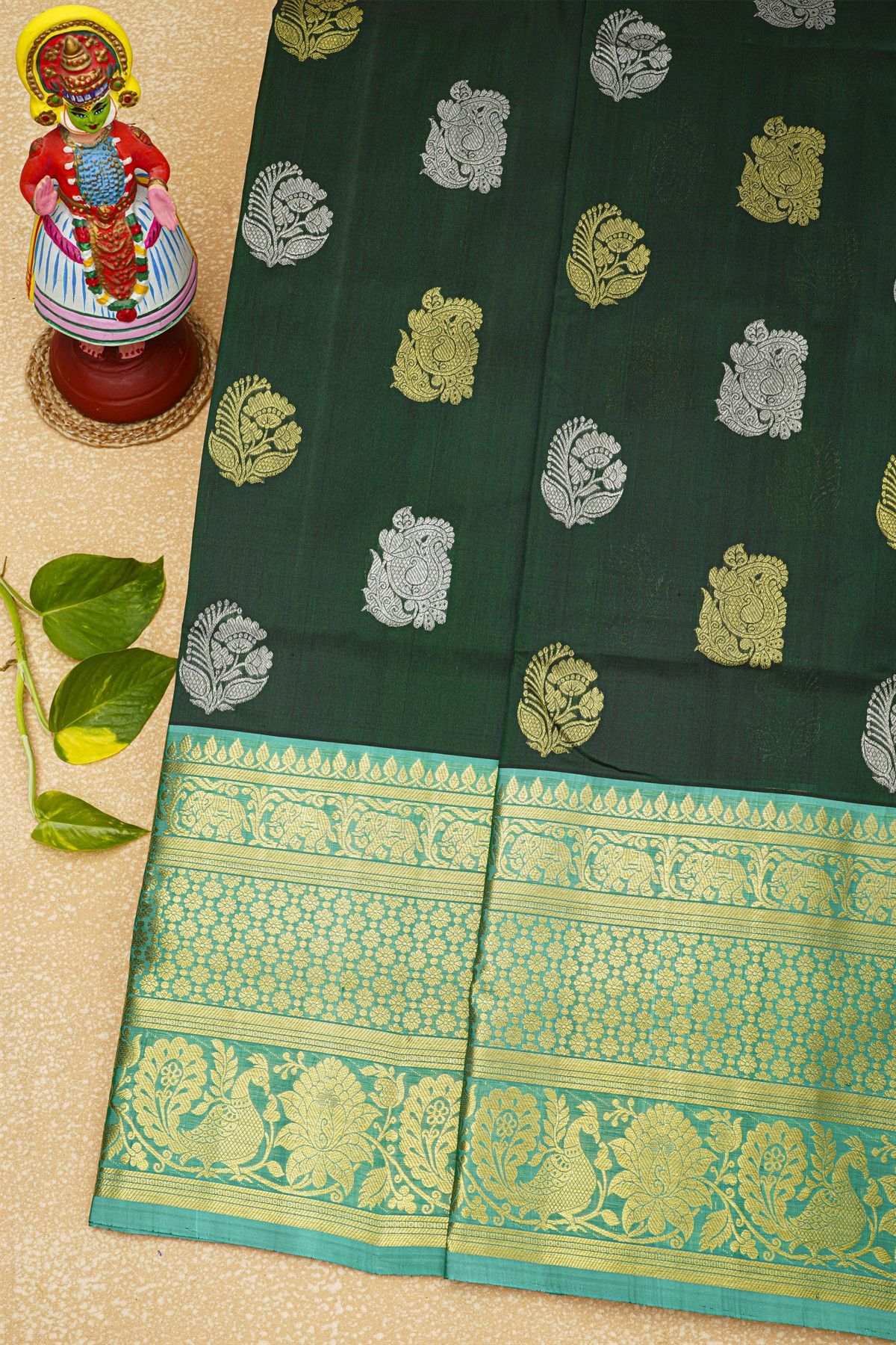 Venkatagiri Silk Bottle Green Saree With Florals And Paisleys Body
