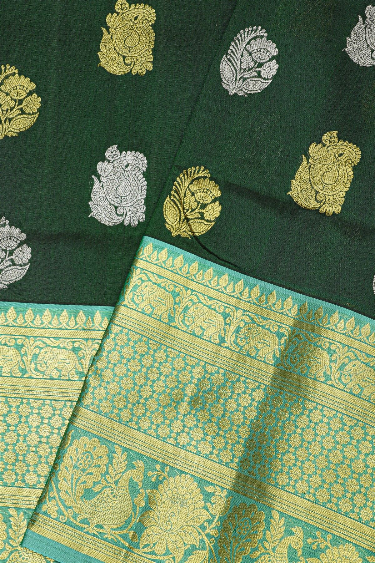 Venkatagiri Silk Bottle Green Saree With Florals And Paisleys Body