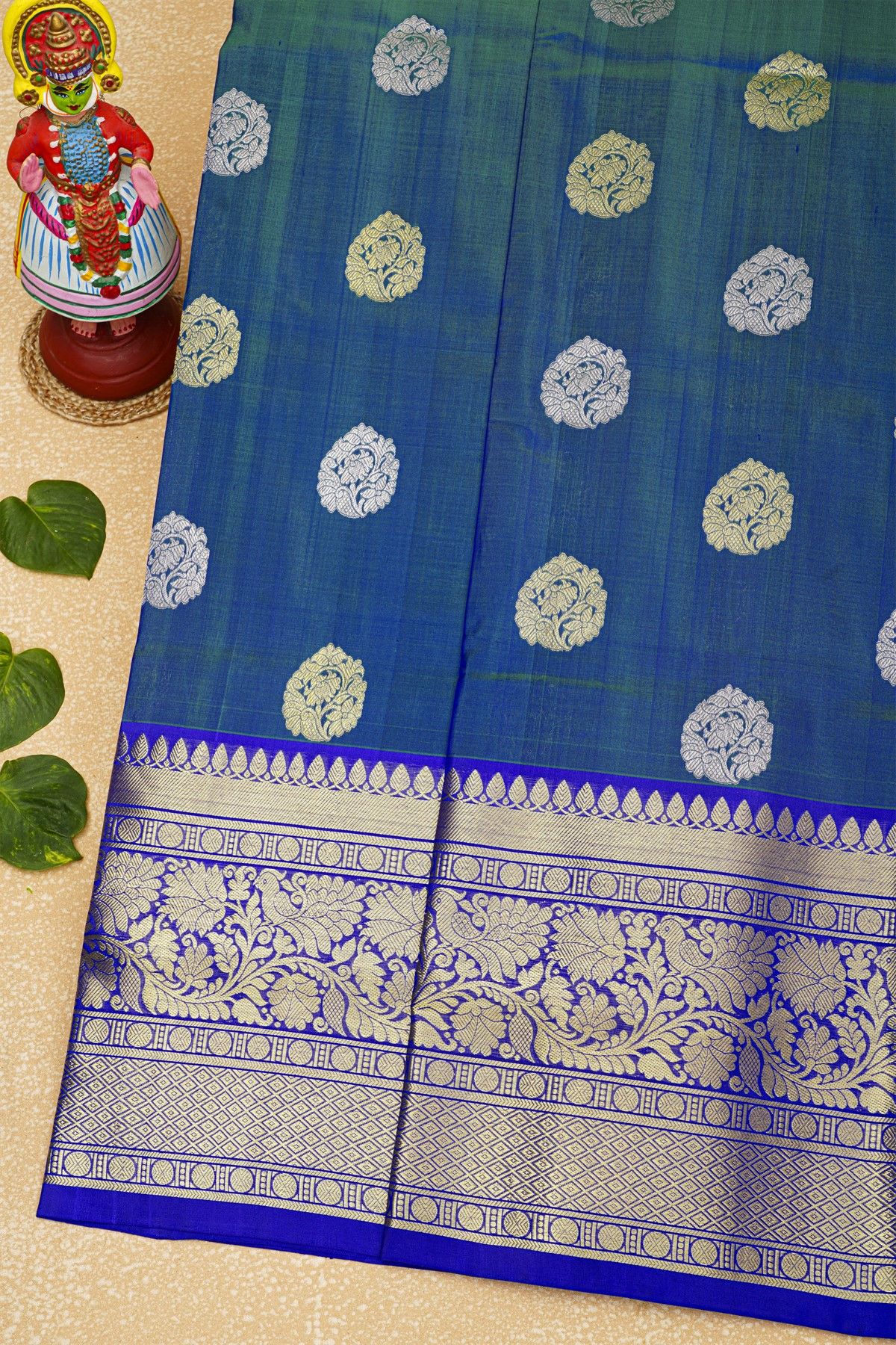 Venkatagiri Silk Dual Colour Saree With Florals And Peacocks Border