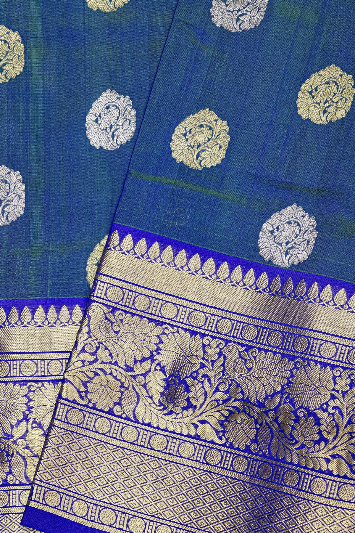 Venkatagiri Silk Dual Colour Saree With Florals And Peacocks Border