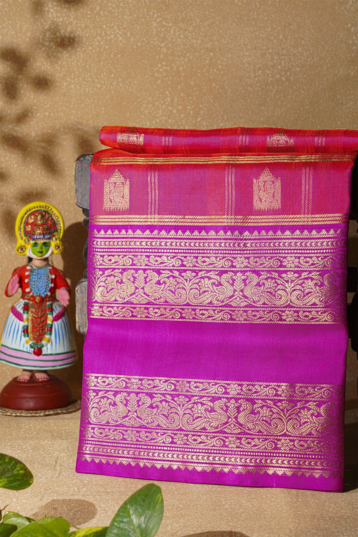 Venkatagiri Silk Dual Colour Saree With Checks And Peacock Buttis Body