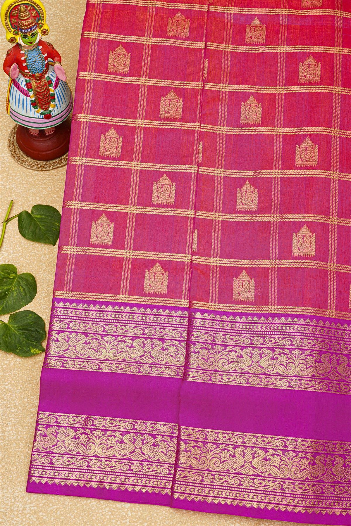 Venkatagiri Silk Dual Colour Saree With Checks And Peacock Buttis Body