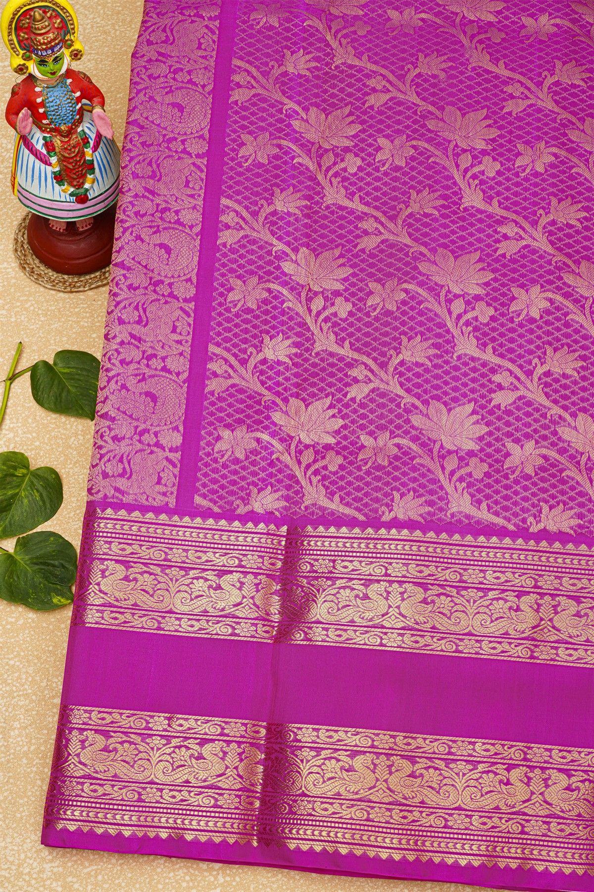 Venkatagiri Silk Dual Colour Saree With Checks And Peacock Buttis Body