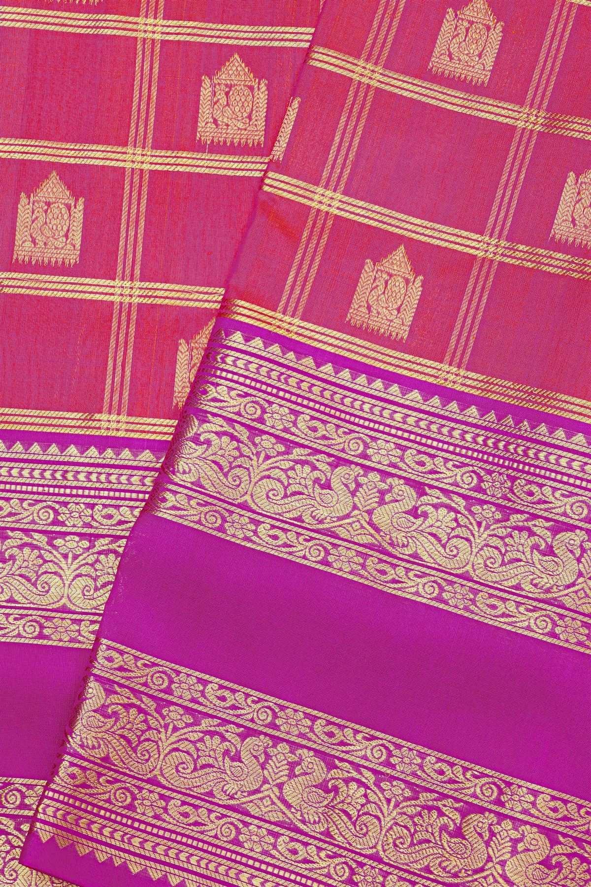 Venkatagiri Silk Dual Colour Saree With Checks And Peacock Buttis Body