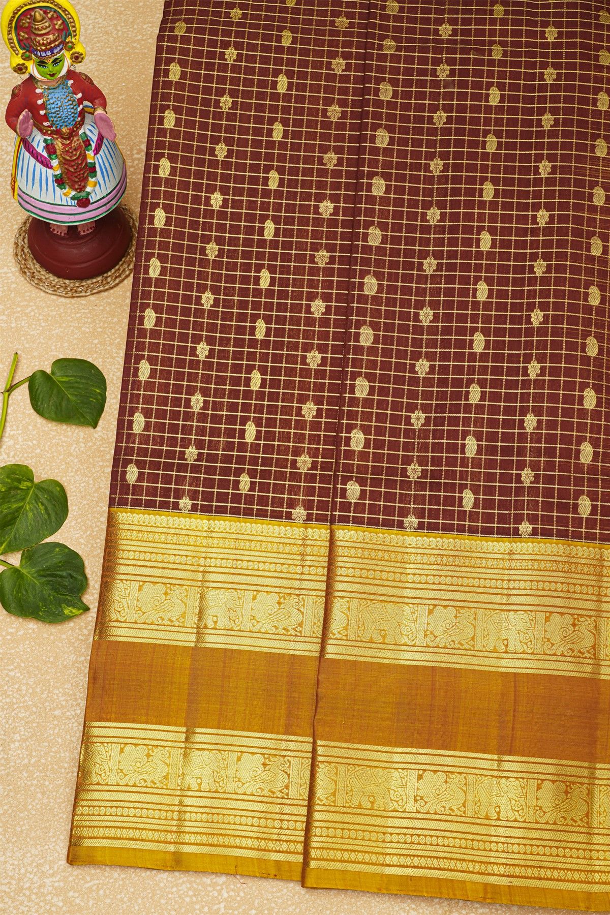 Venkatagiri Silk Maroon Saree With Checks And Floral Buttis Body