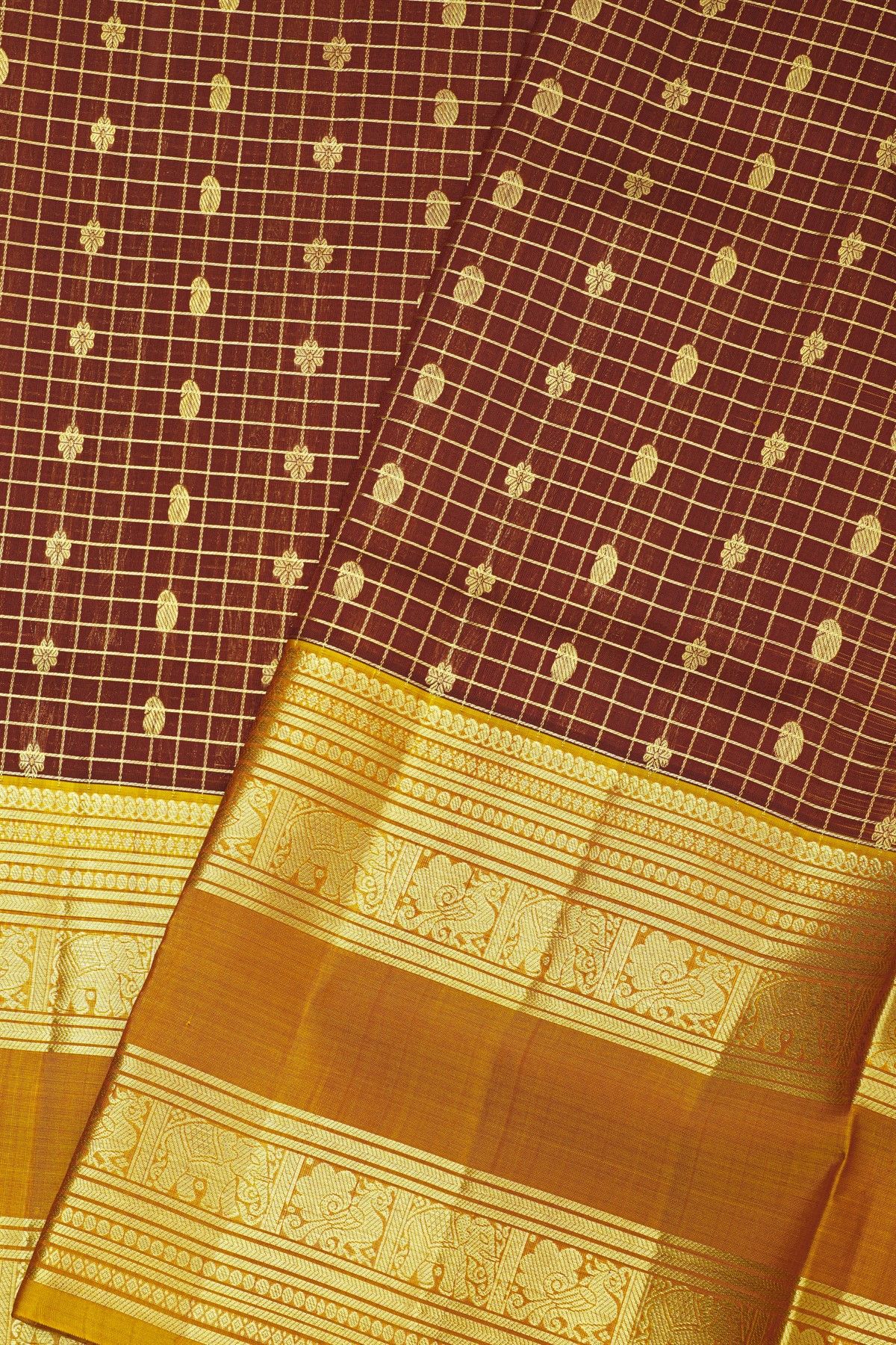 Venkatagiri Silk Maroon Saree With Checks And Floral Buttis Body