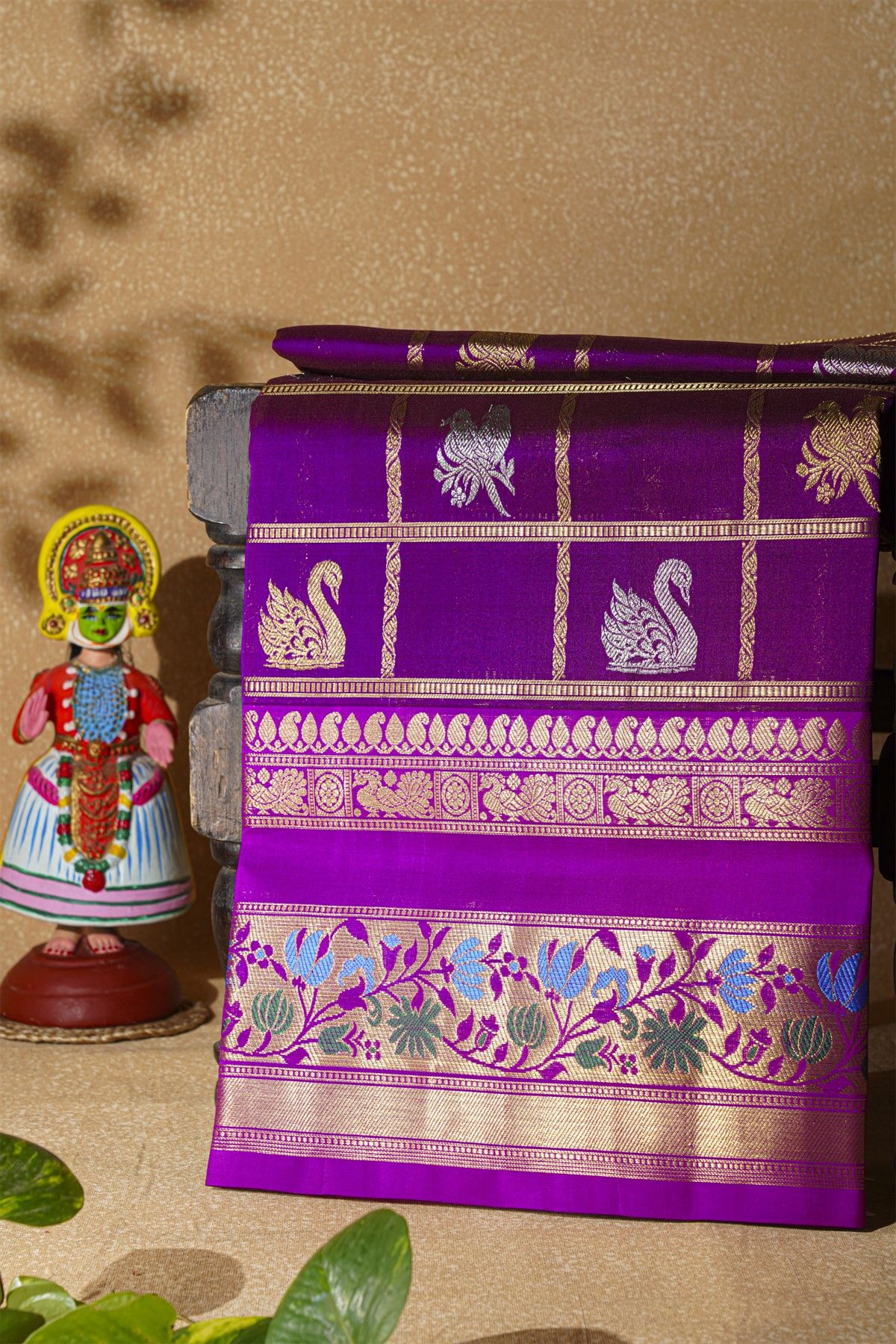 Venkatagiri Silk Purple Saree With Checks And Swan Buttis Body