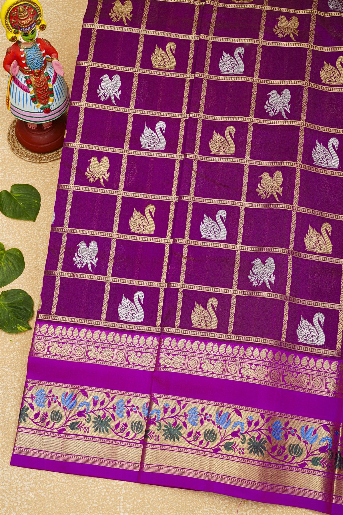 Venkatagiri Silk Purple Saree With Checks And Swan Buttis Body