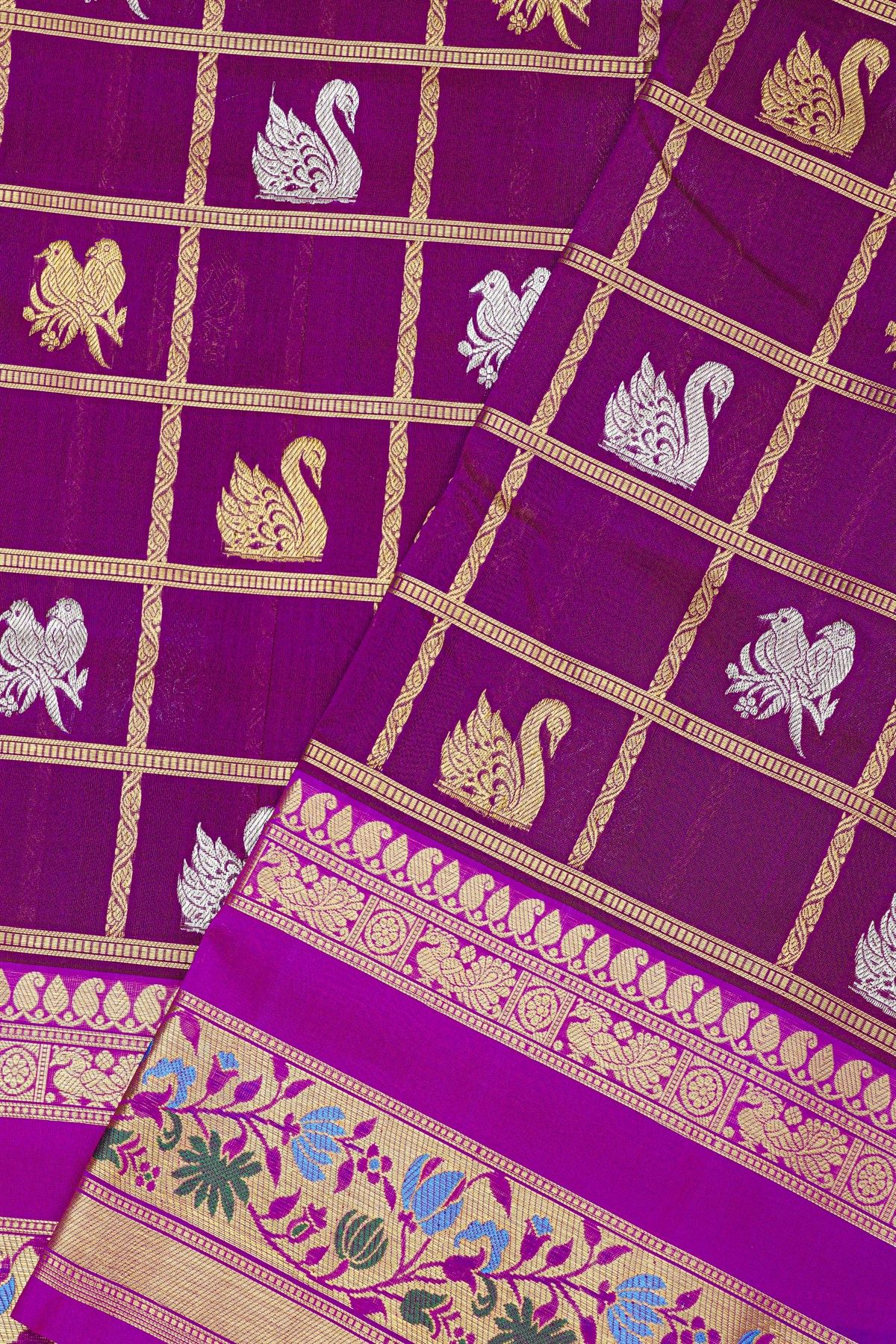 Venkatagiri Silk Purple Saree With Checks And Swan Buttis Body
