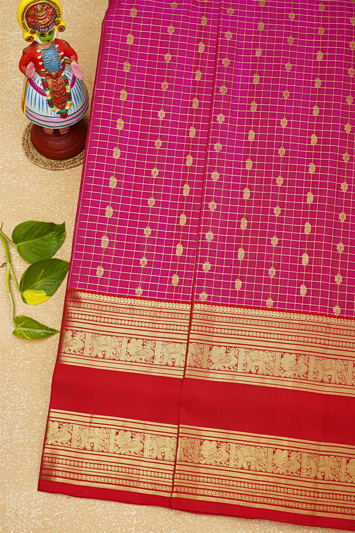 Venkatagiri Silk Pink Saree With Checks And Floral Buttis Body