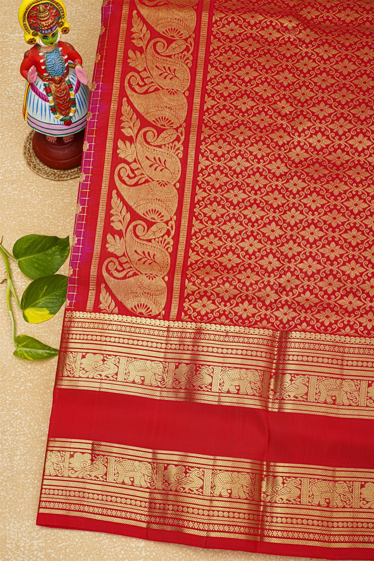 Venkatagiri Silk Pink Saree With Checks And Floral Buttis Body