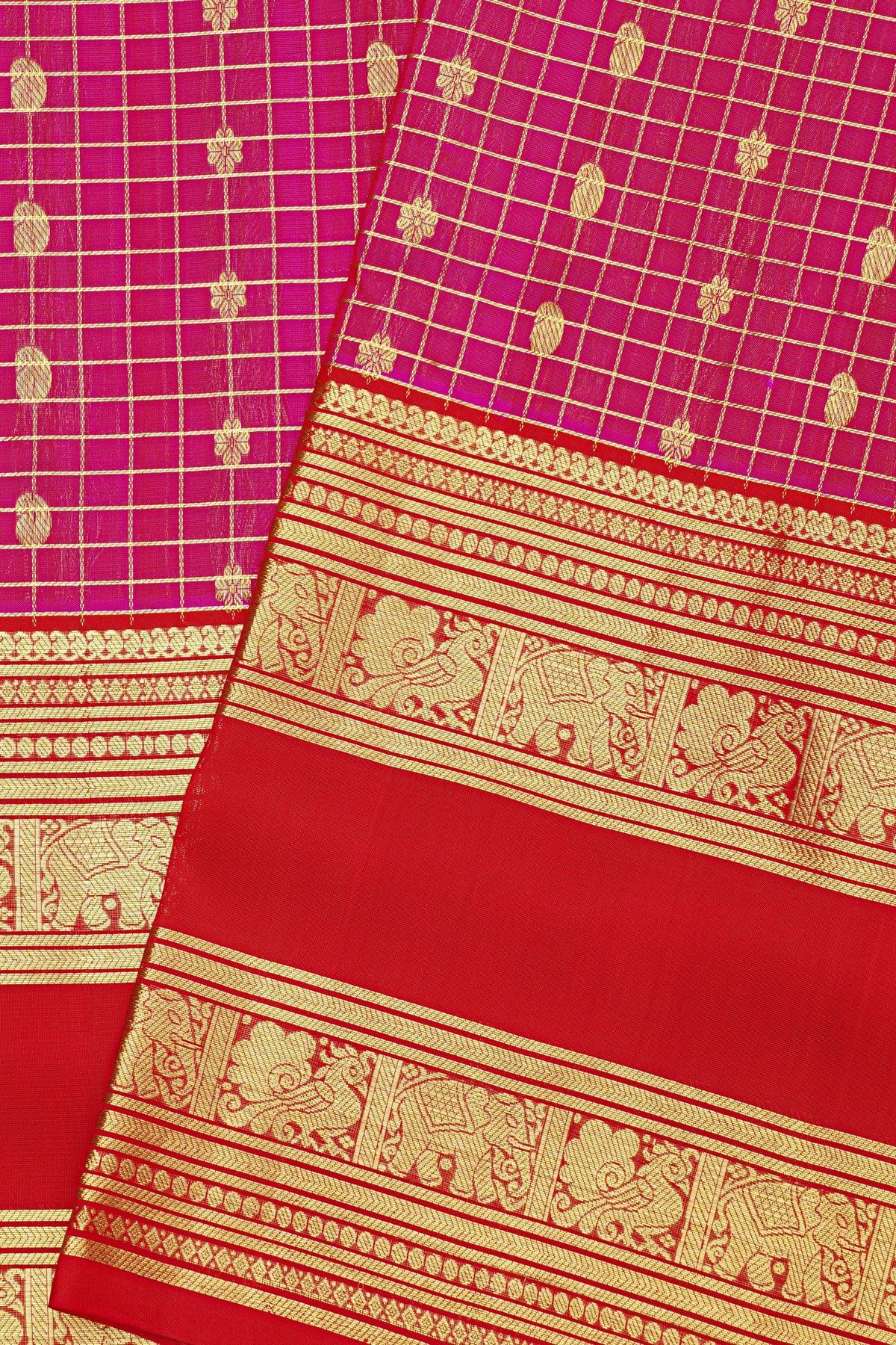 Venkatagiri Silk Pink Saree With Checks And Floral Buttis Body